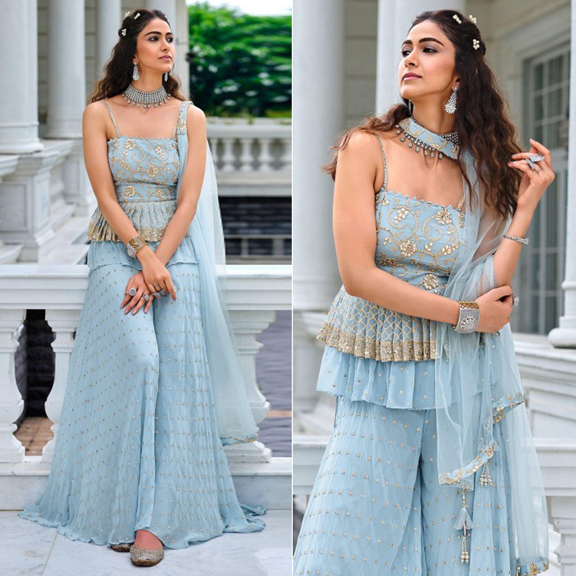 Blue Embroidered Georgette Sharara Suit - Peachmode