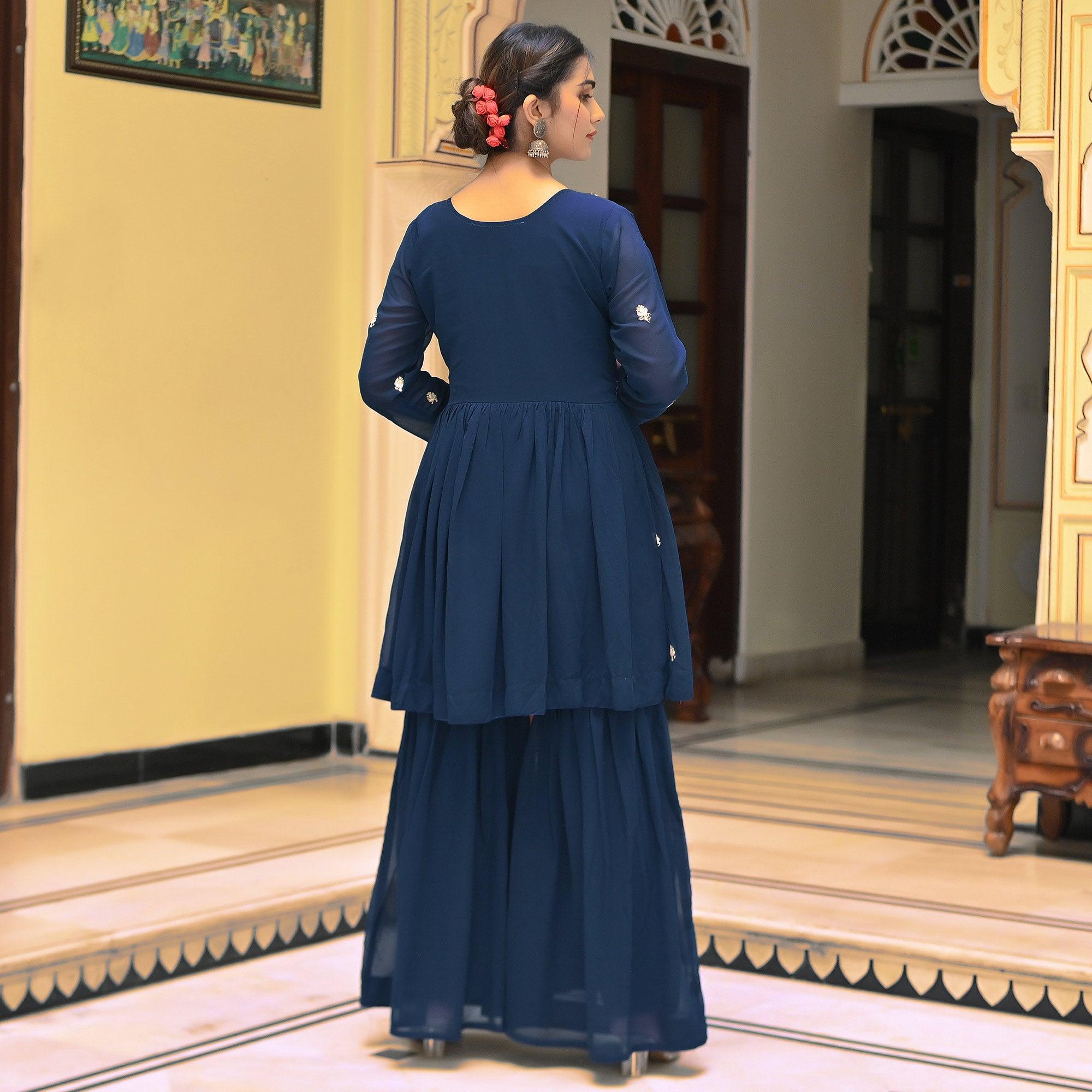 Blue Embroidered Georgette Sharara Suit - Peachmode