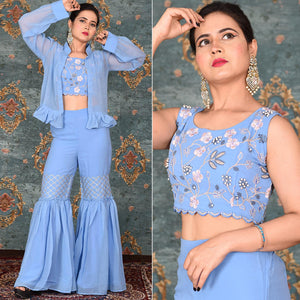 Blue Embroidered Georgette Sharara Suit - Peachmode