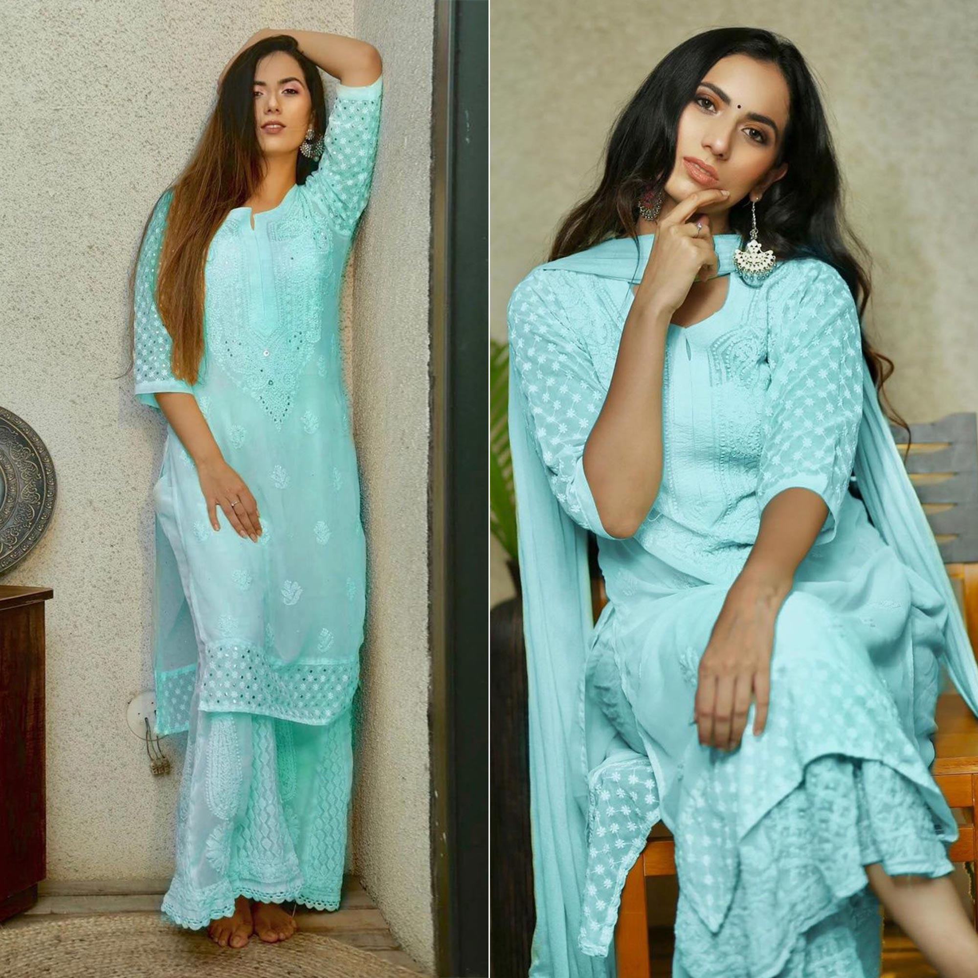 Blue Embroidered Georgette Sharara Suit - Peachmode