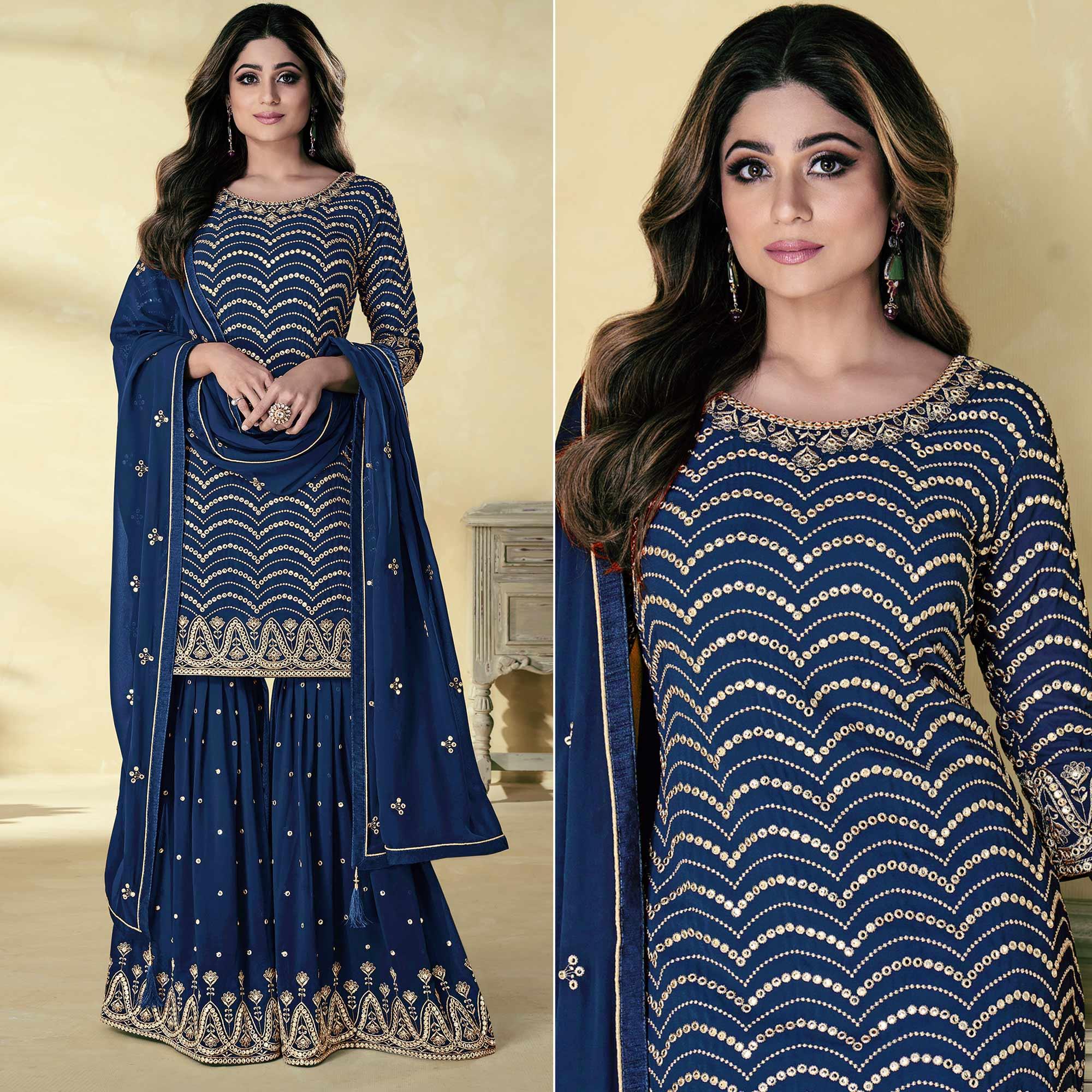 Blue Embroidered Georgette Sharara Suit - Peachmode