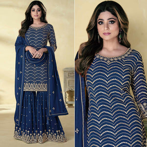 Blue Embroidered Georgette Sharara Suit - Peachmode
