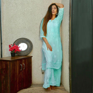 Blue Embroidered Georgette Sharara Suit - Peachmode