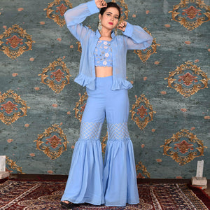 Blue Embroidered Georgette Sharara Suit - Peachmode