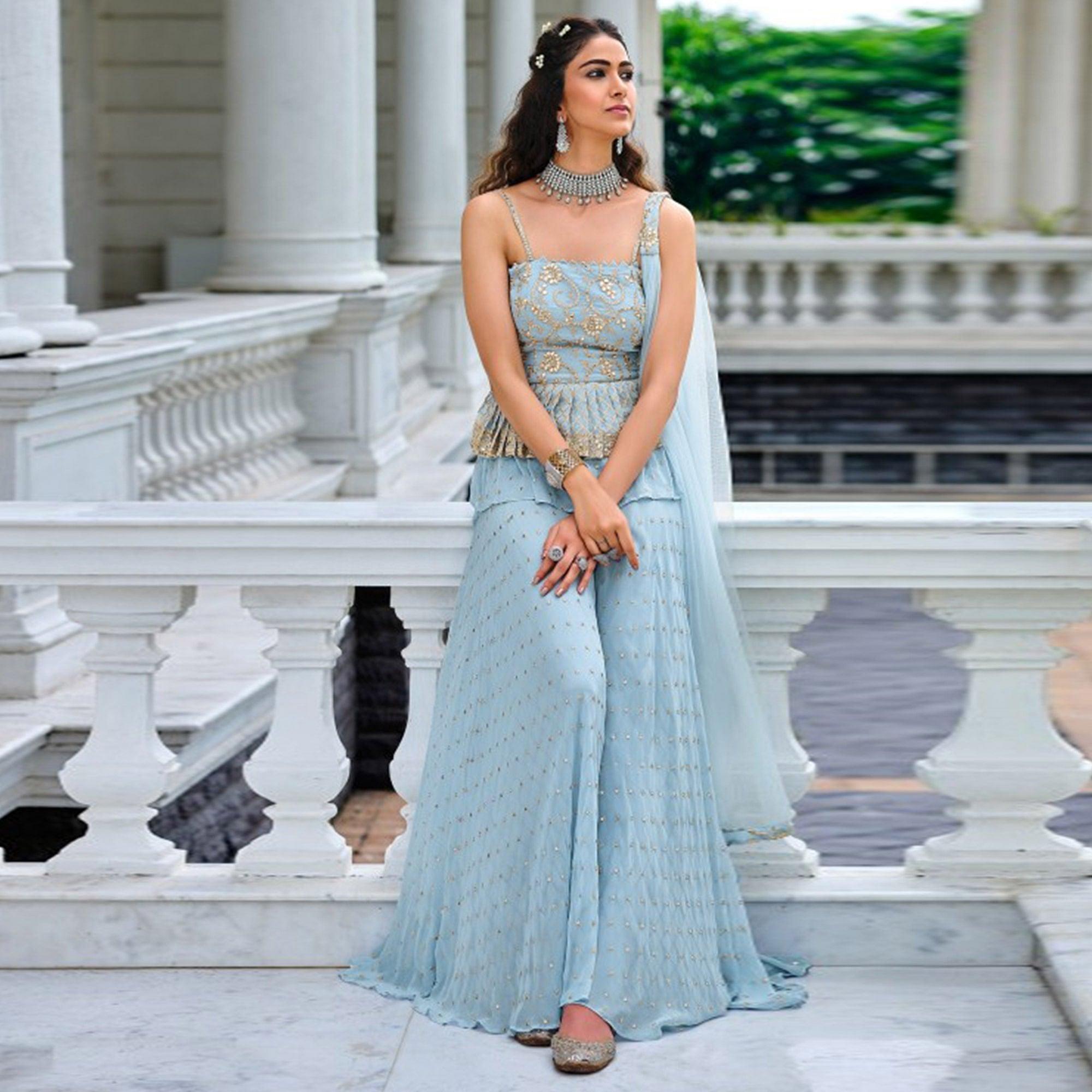 Blue Embroidered Georgette Sharara Suit - Peachmode