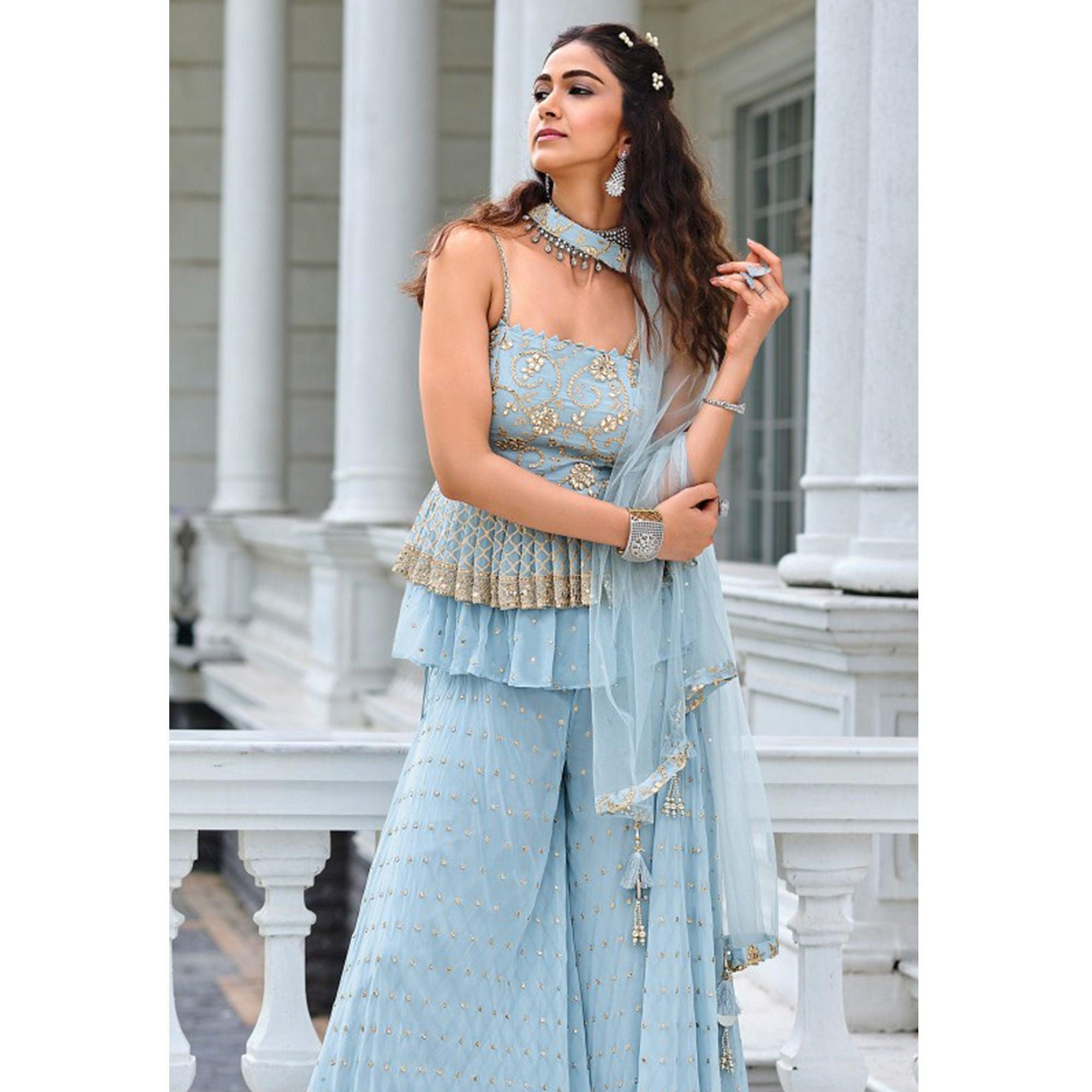 Blue Embroidered Georgette Sharara Suit - Peachmode