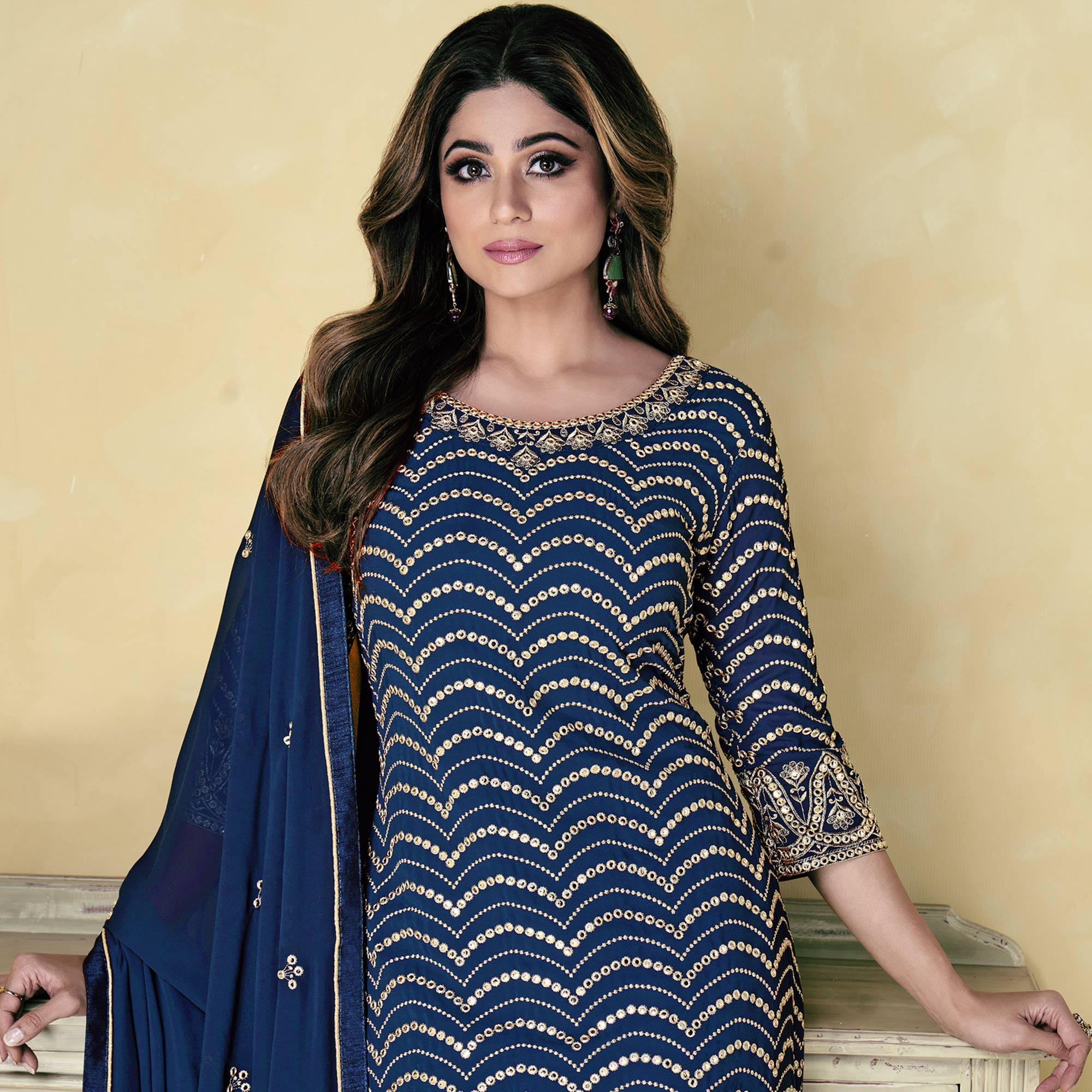 Blue Embroidered Georgette Sharara Suit - Peachmode