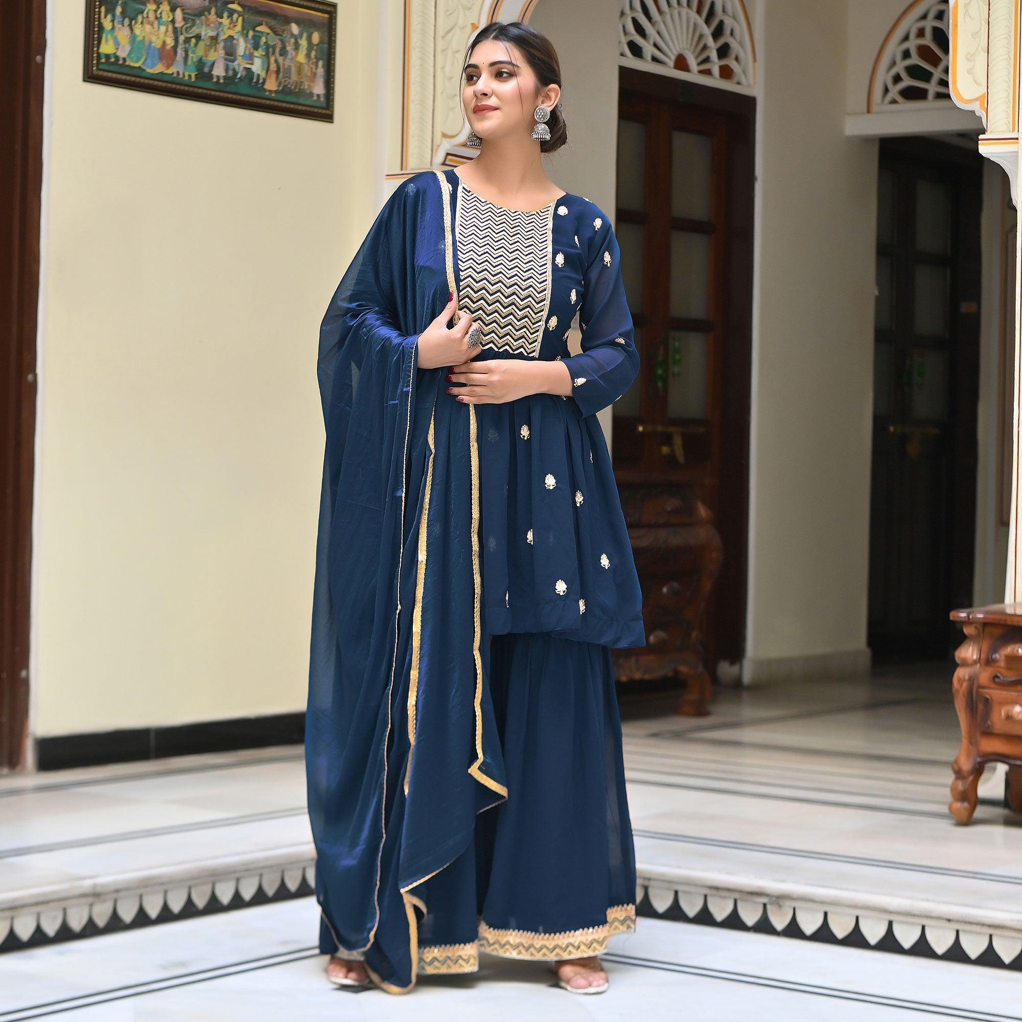 Blue Embroidered Georgette Sharara Suit - Peachmode