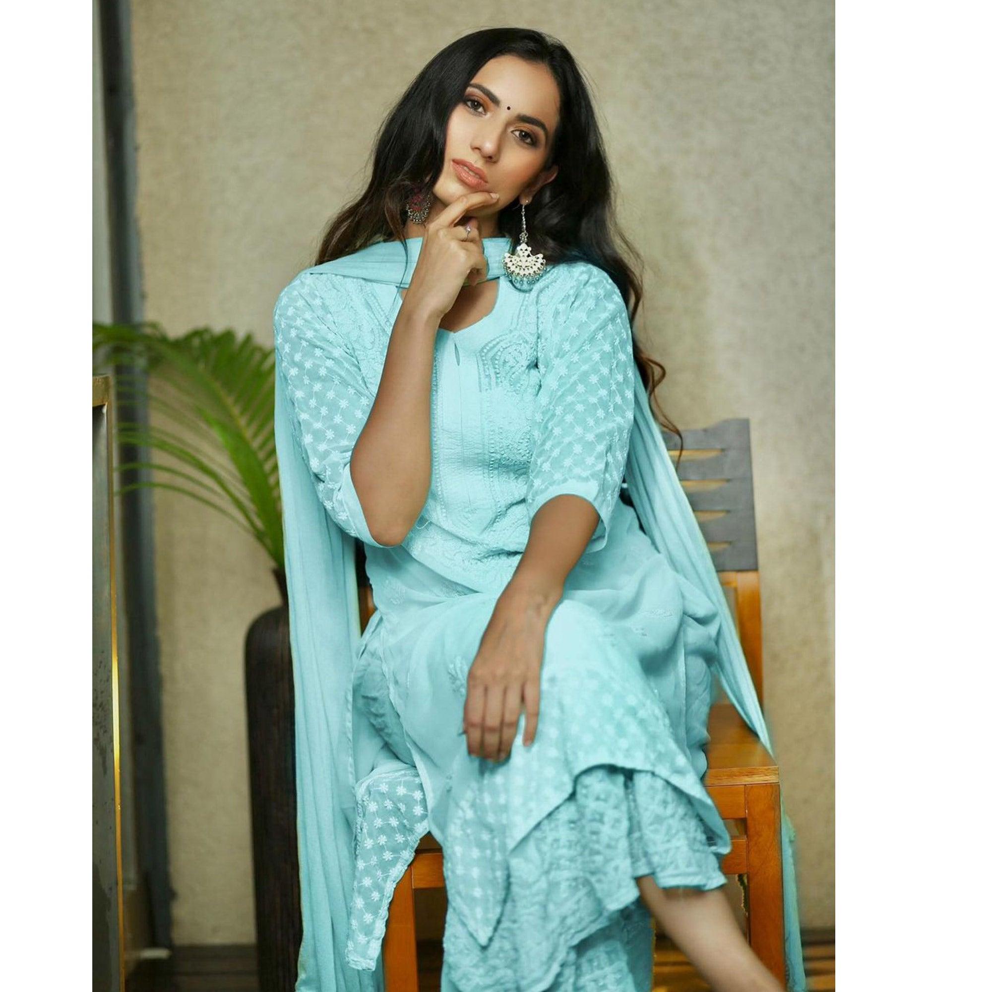 Blue Embroidered Georgette Sharara Suit - Peachmode