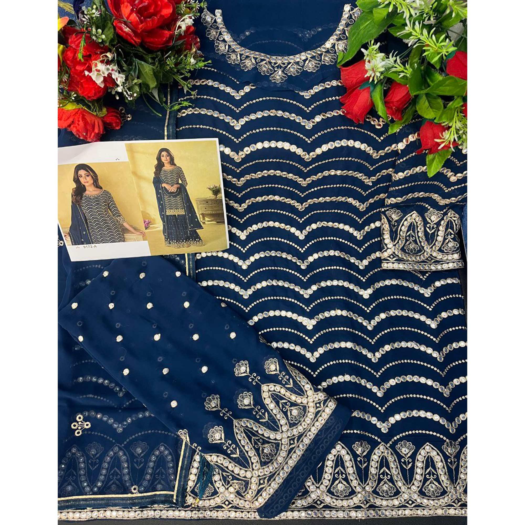 Blue Embroidered Georgette Sharara Suit - Peachmode