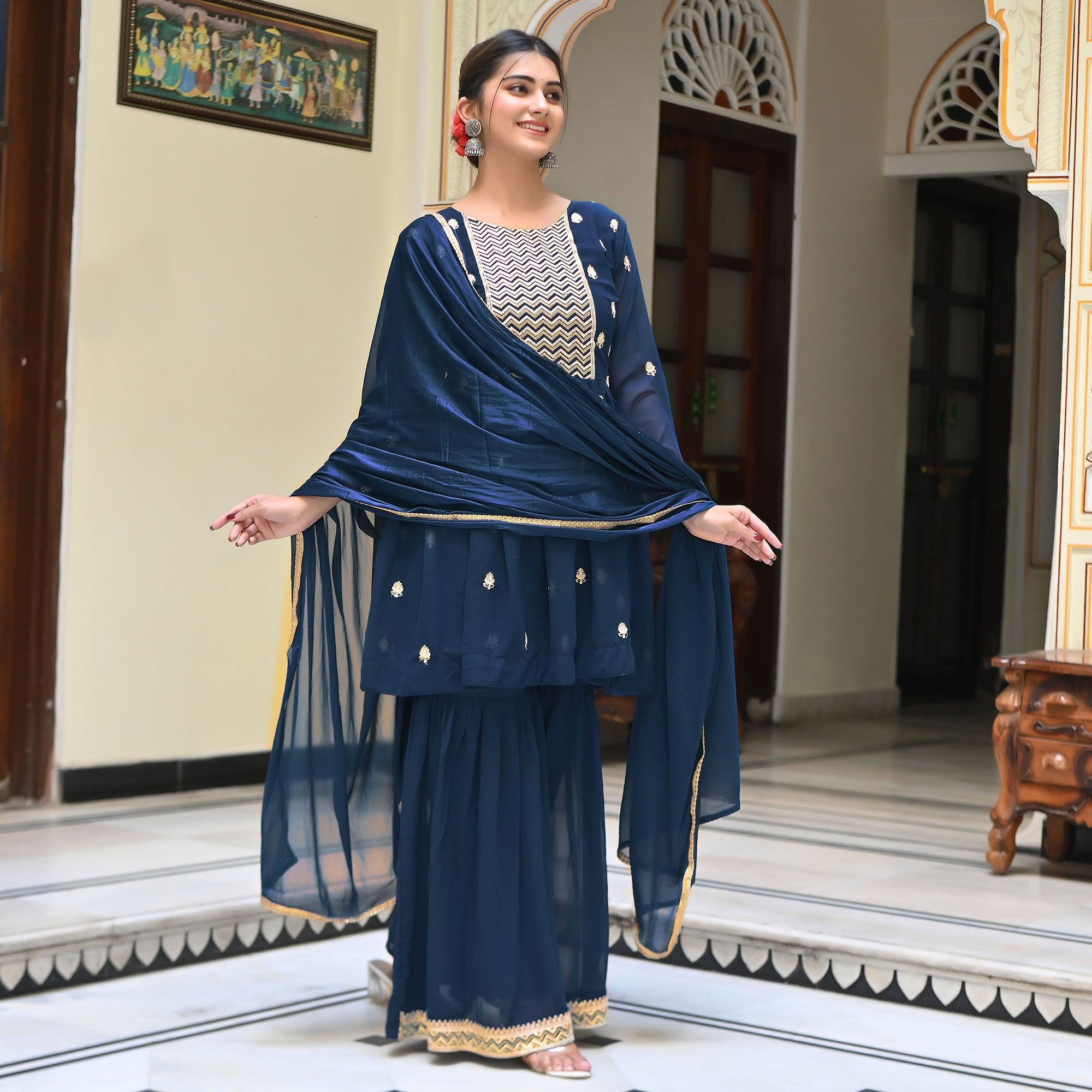 Blue Embroidered Georgette Sharara Suit - Peachmode