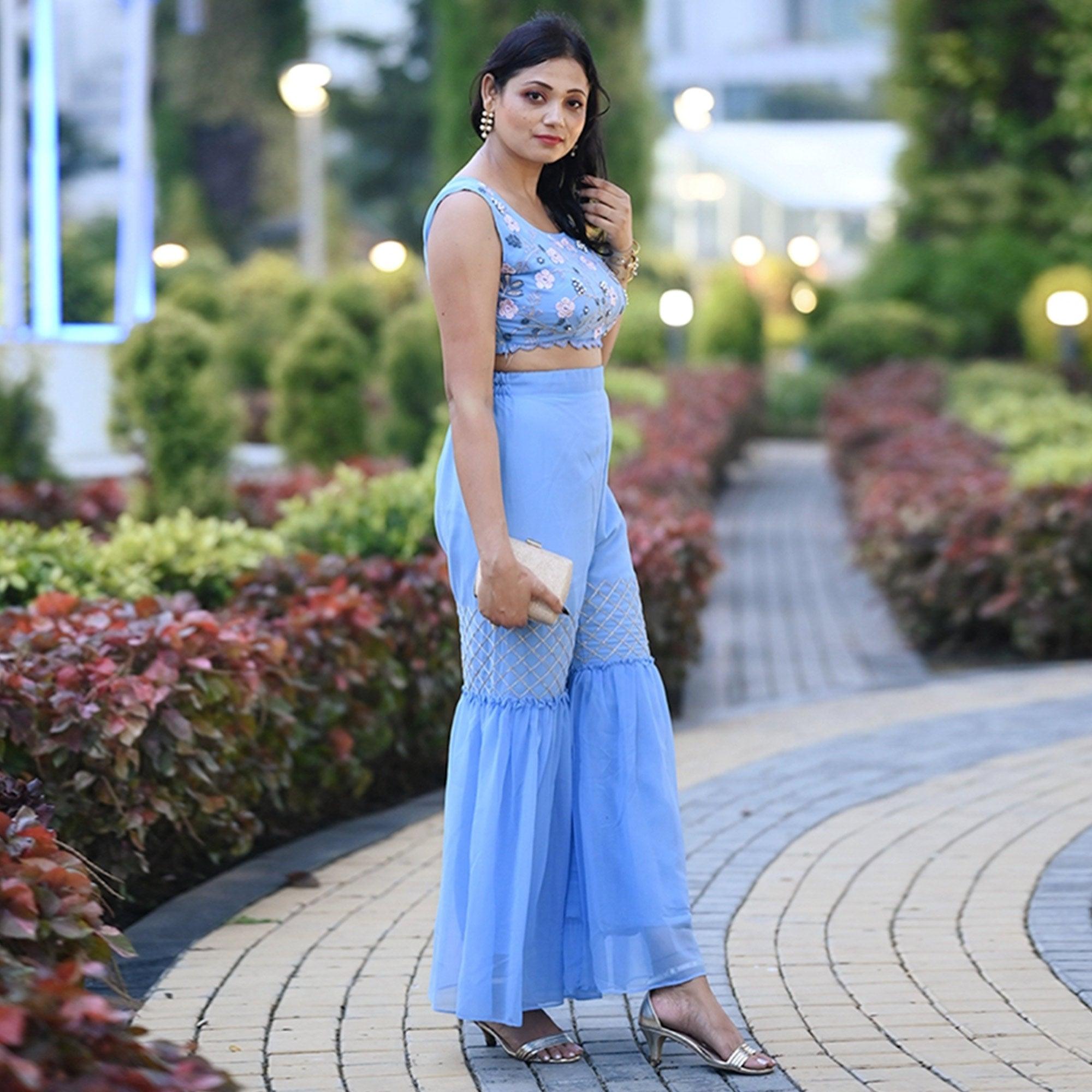 Blue Embroidered Georgette Sharara Suit - Peachmode
