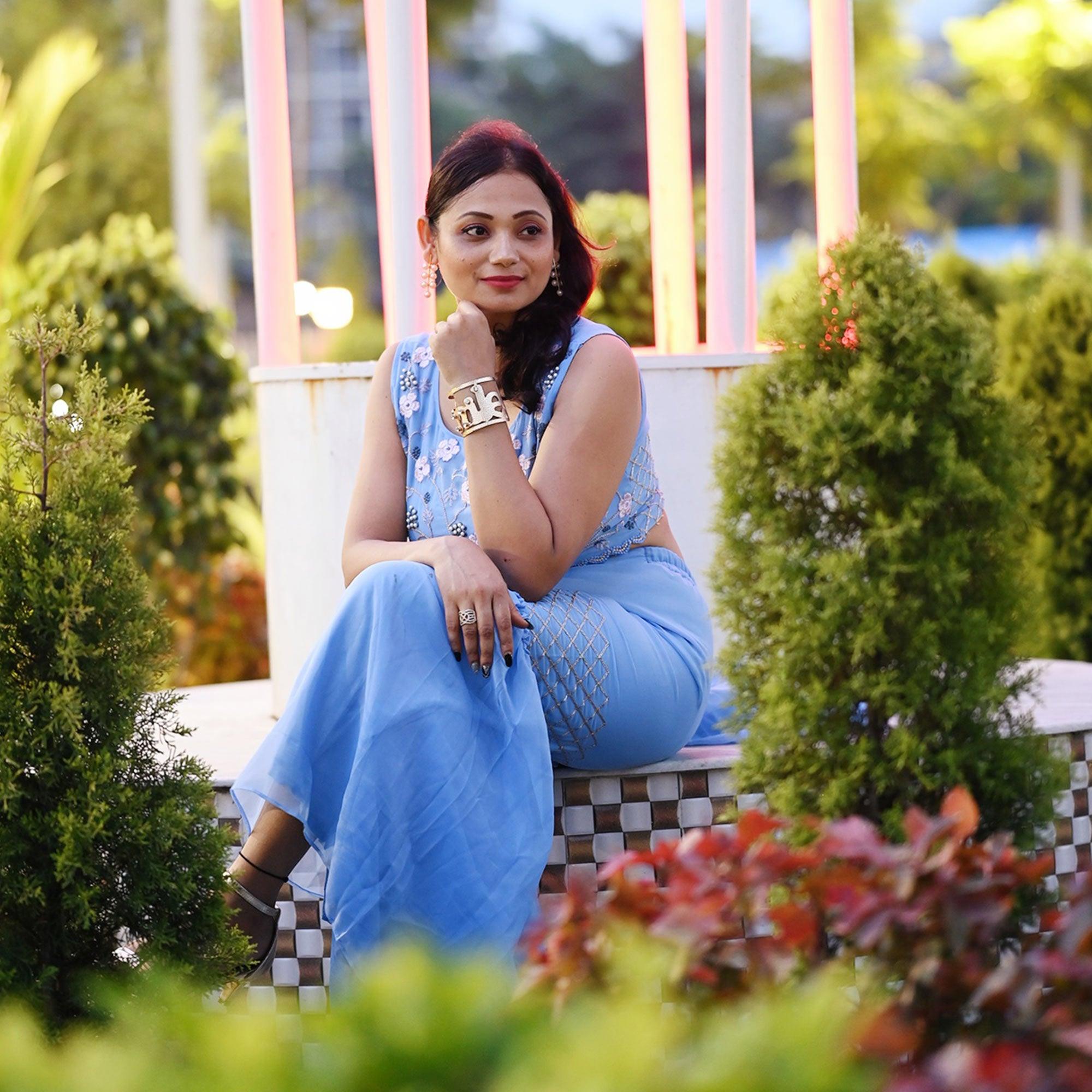 Blue Embroidered Georgette Sharara Suit - Peachmode