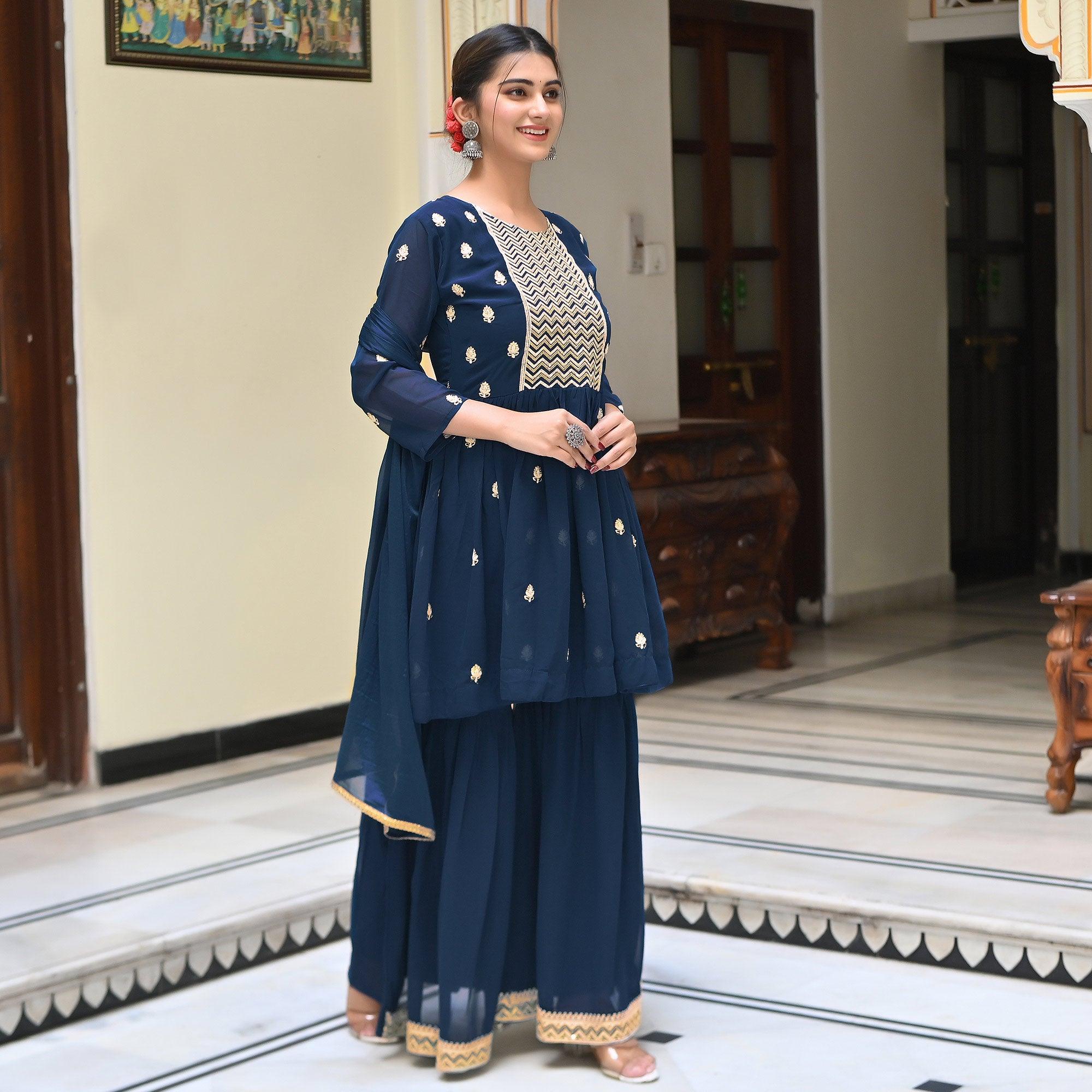 Blue Embroidered Georgette Sharara Suit - Peachmode