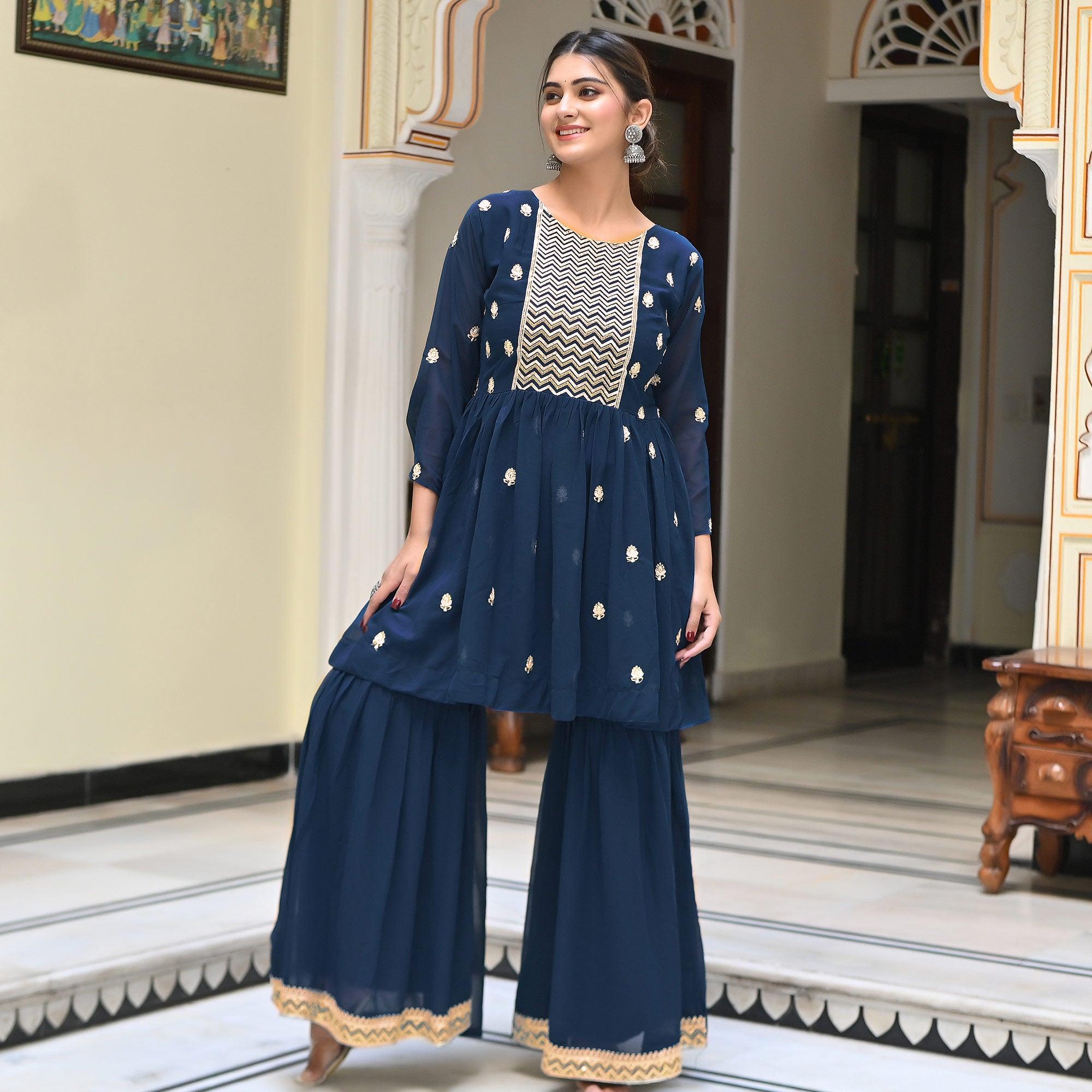 Blue Embroidered Georgette Sharara Suit - Peachmode