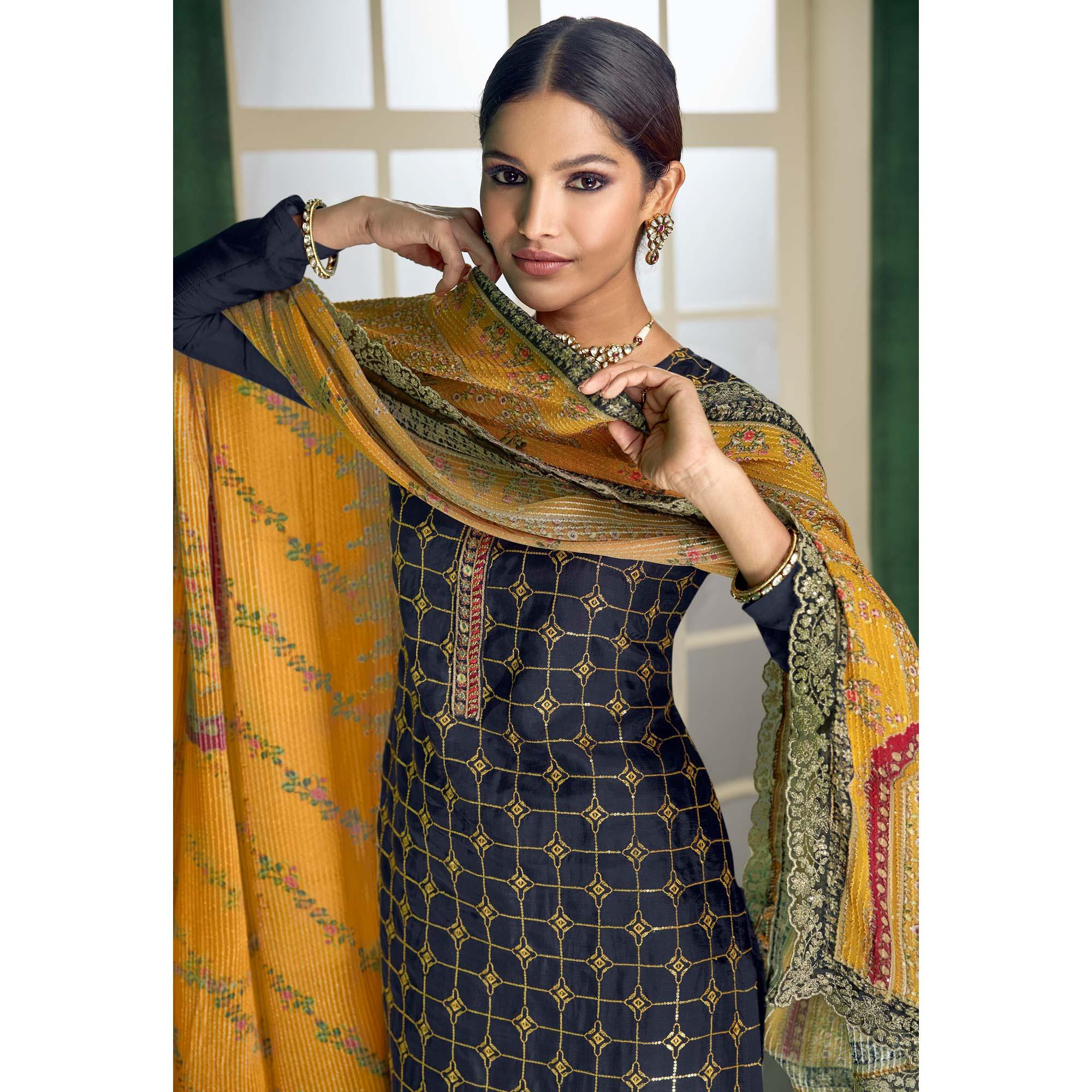 Blue Embroidered Heavy Faux Georgette Partywear Suit - Peachmode