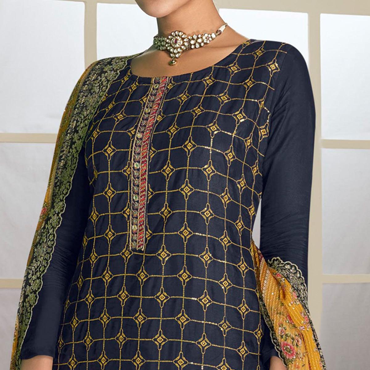 Blue Embroidered Heavy Faux Georgette Partywear Suit - Peachmode