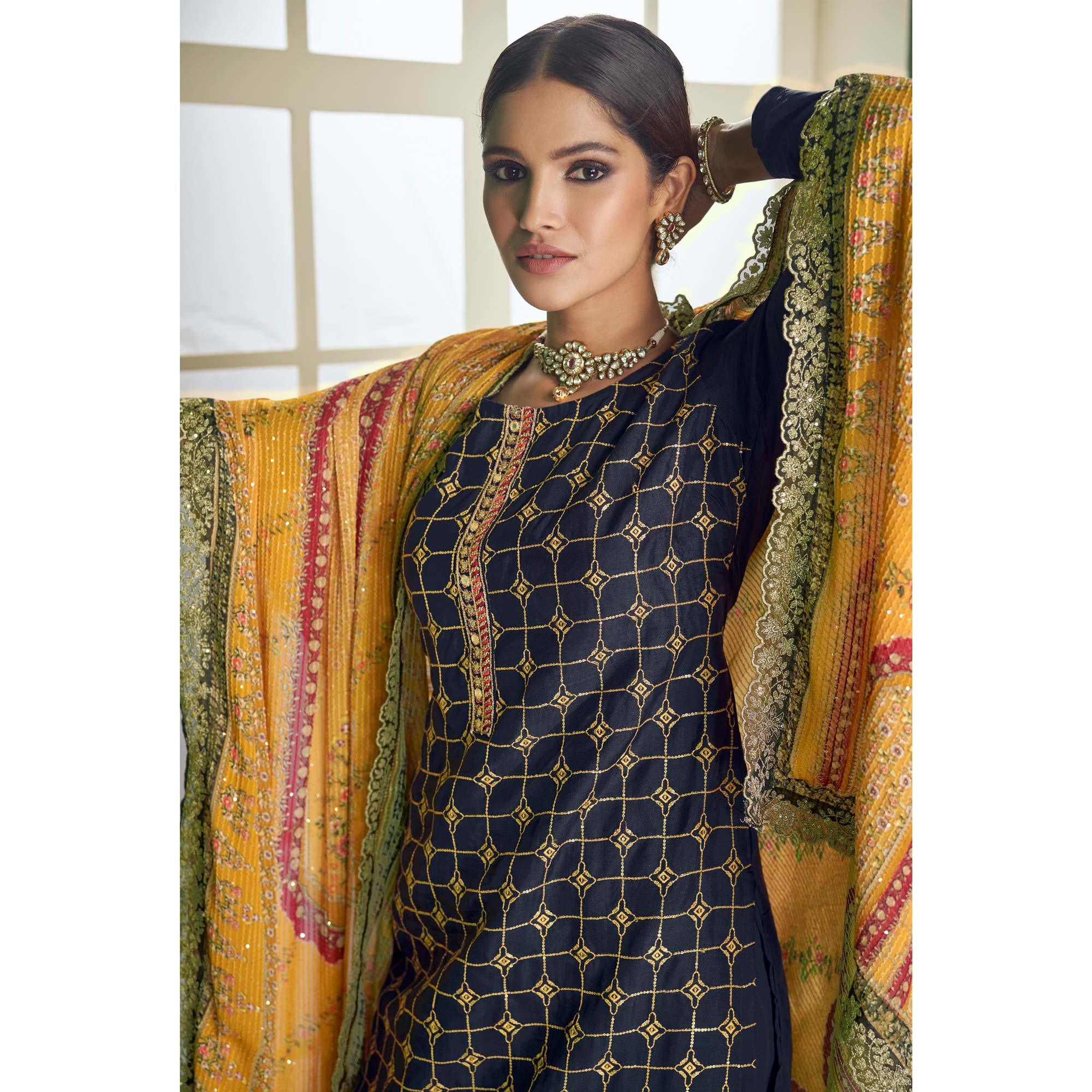 Blue Embroidered Heavy Faux Georgette Partywear Suit - Peachmode