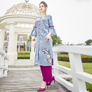 Blue Embroidered Khaadi Kurti - Peachmode