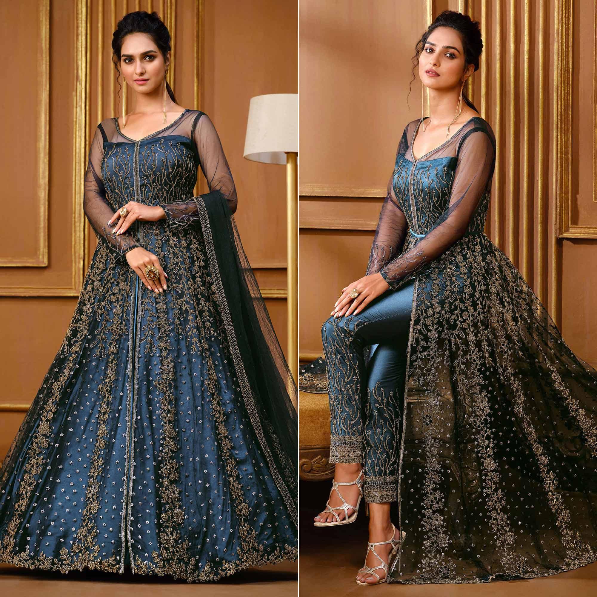 Blue Embroidered Netted Style Gown - Peachmode