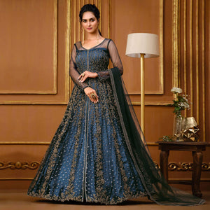 Blue Embroidered Netted Style Gown - Peachmode