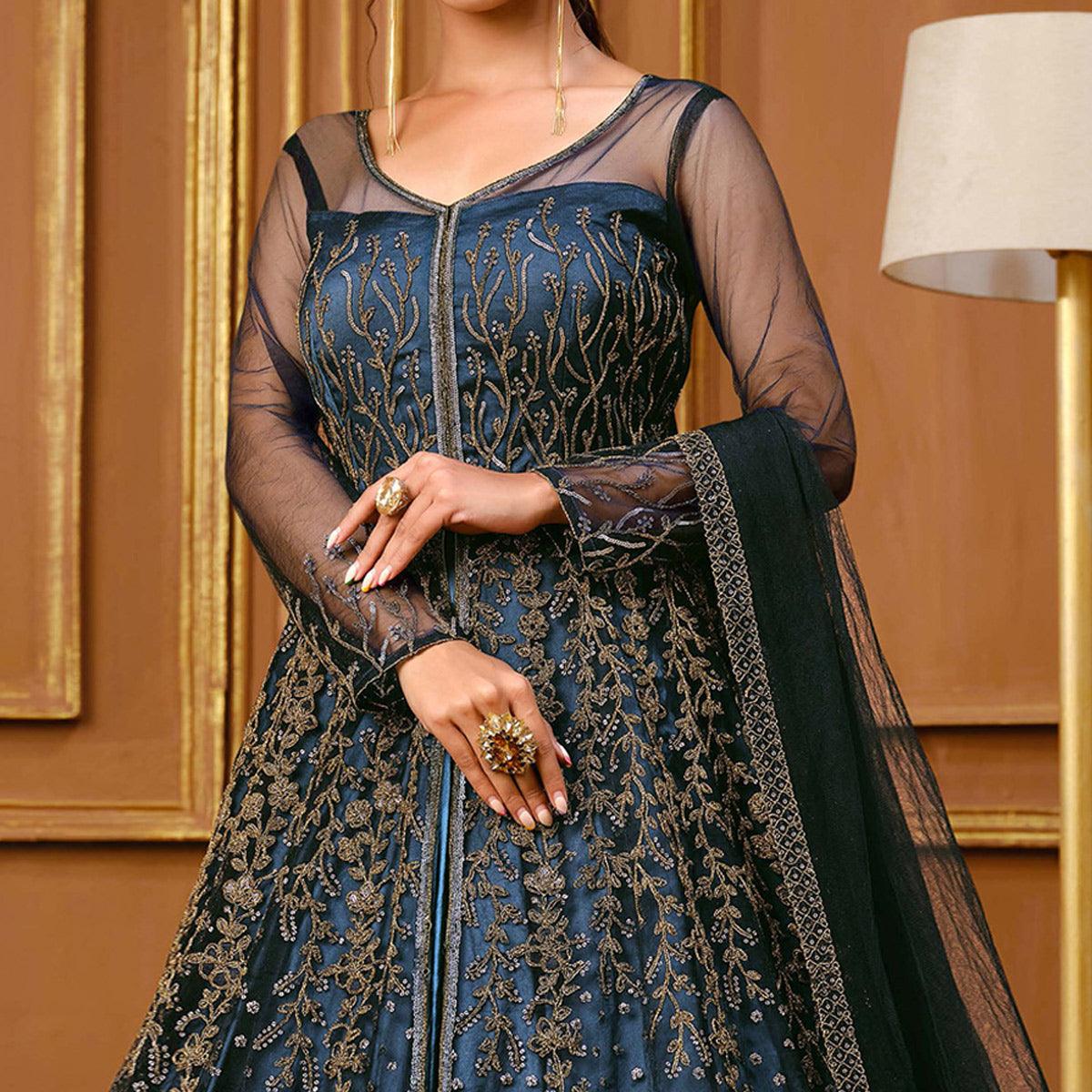 Blue Embroidered Netted Style Gown - Peachmode