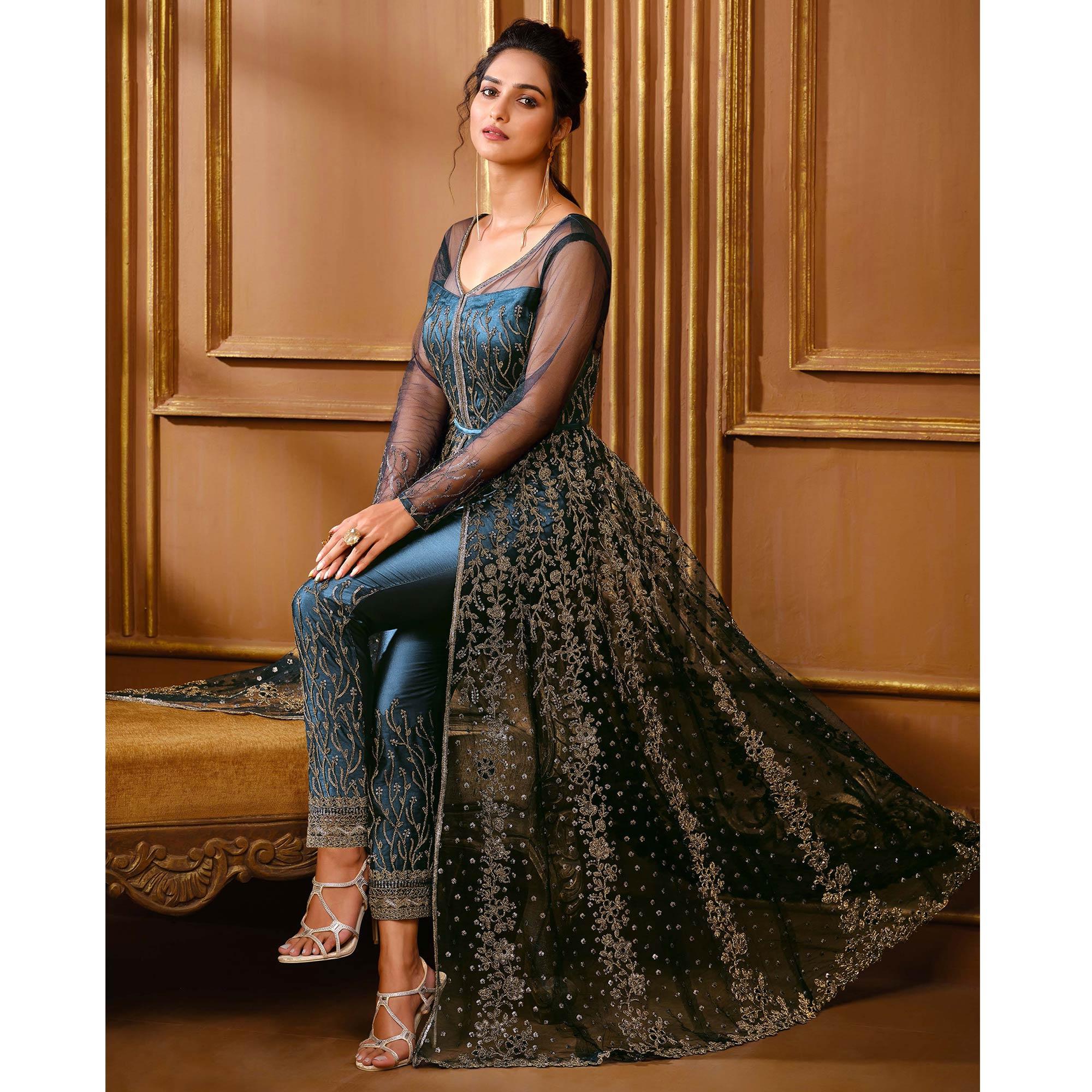 Blue Embroidered Netted Style Gown - Peachmode