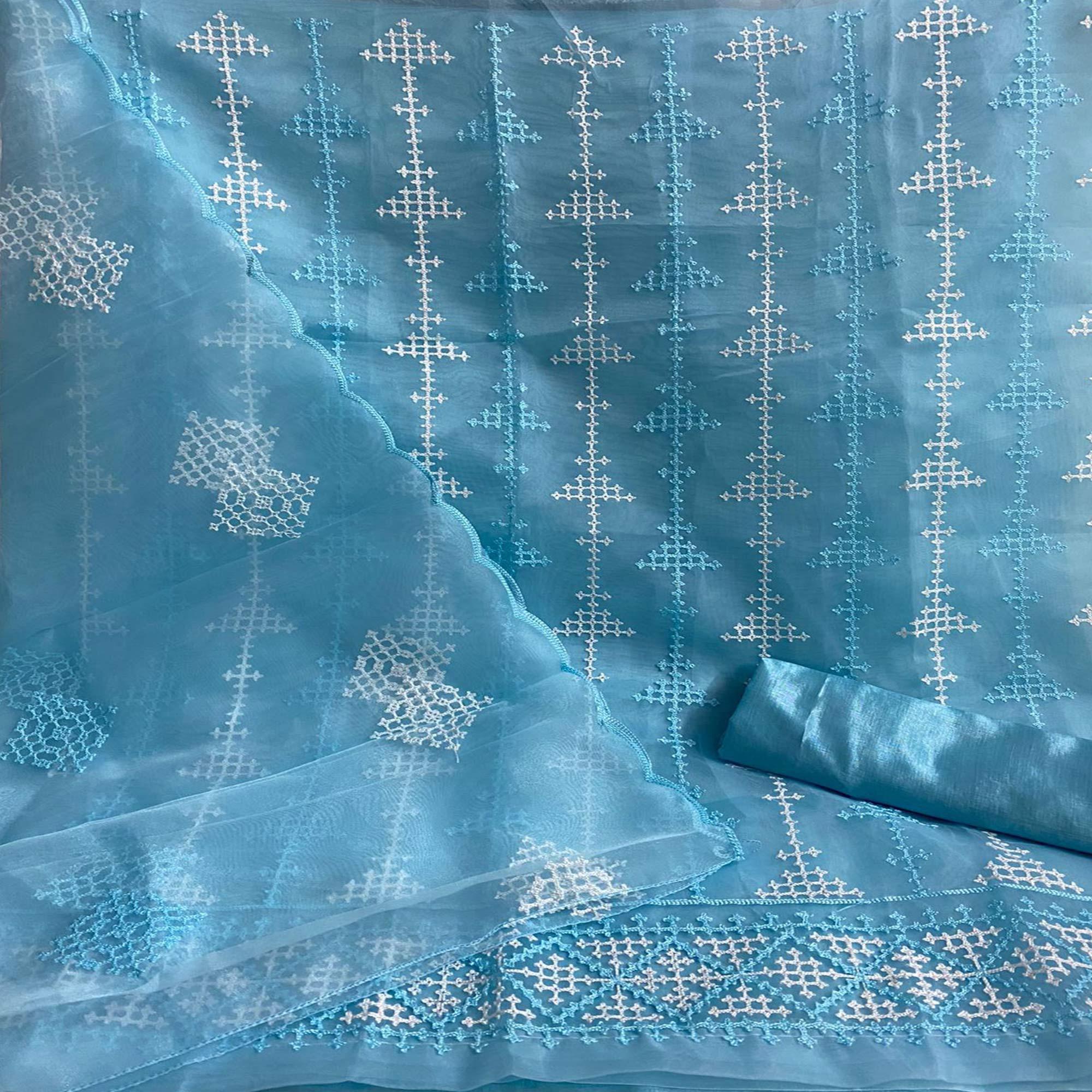 Blue Embroidered Organza Dress Material - Peachmode