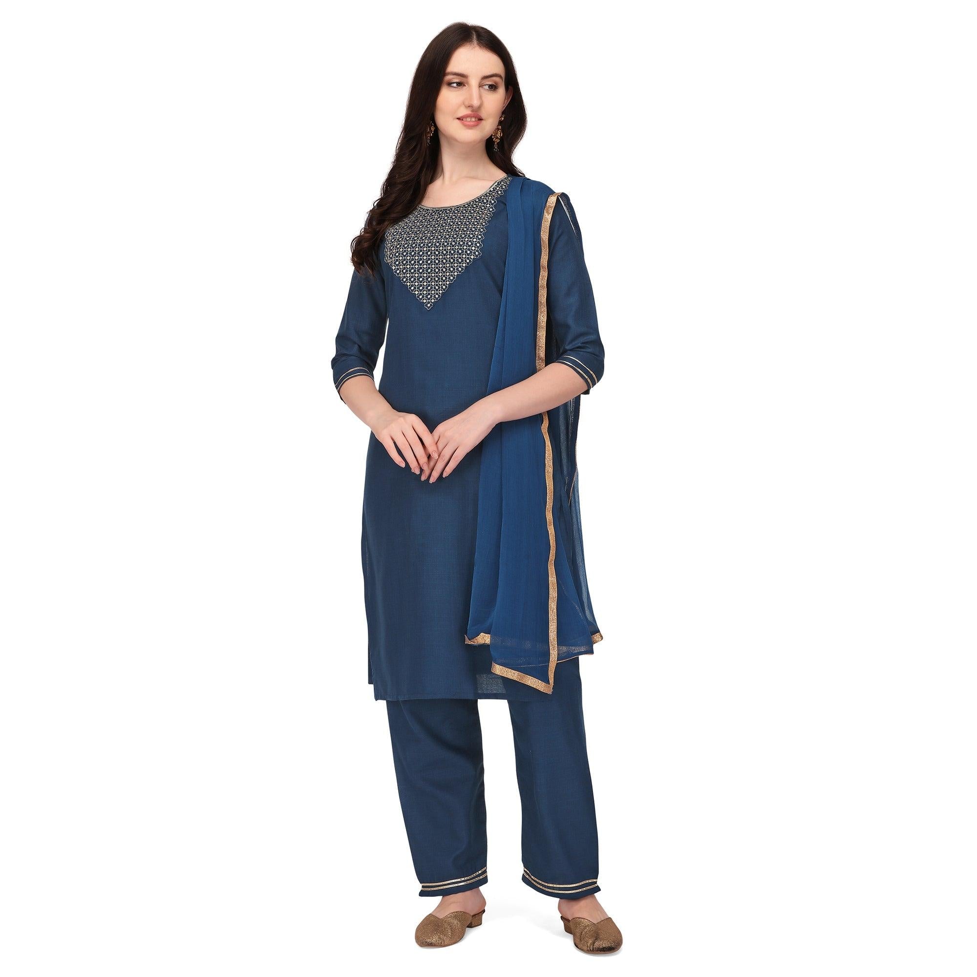 Blue Embroidered Poly Cotton Kurti Pant Set With Dupatta - Peachmode