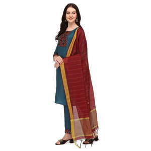 Blue Embroidered Poly Cotton Kurti Pant Set With Dupatta - Peachmode
