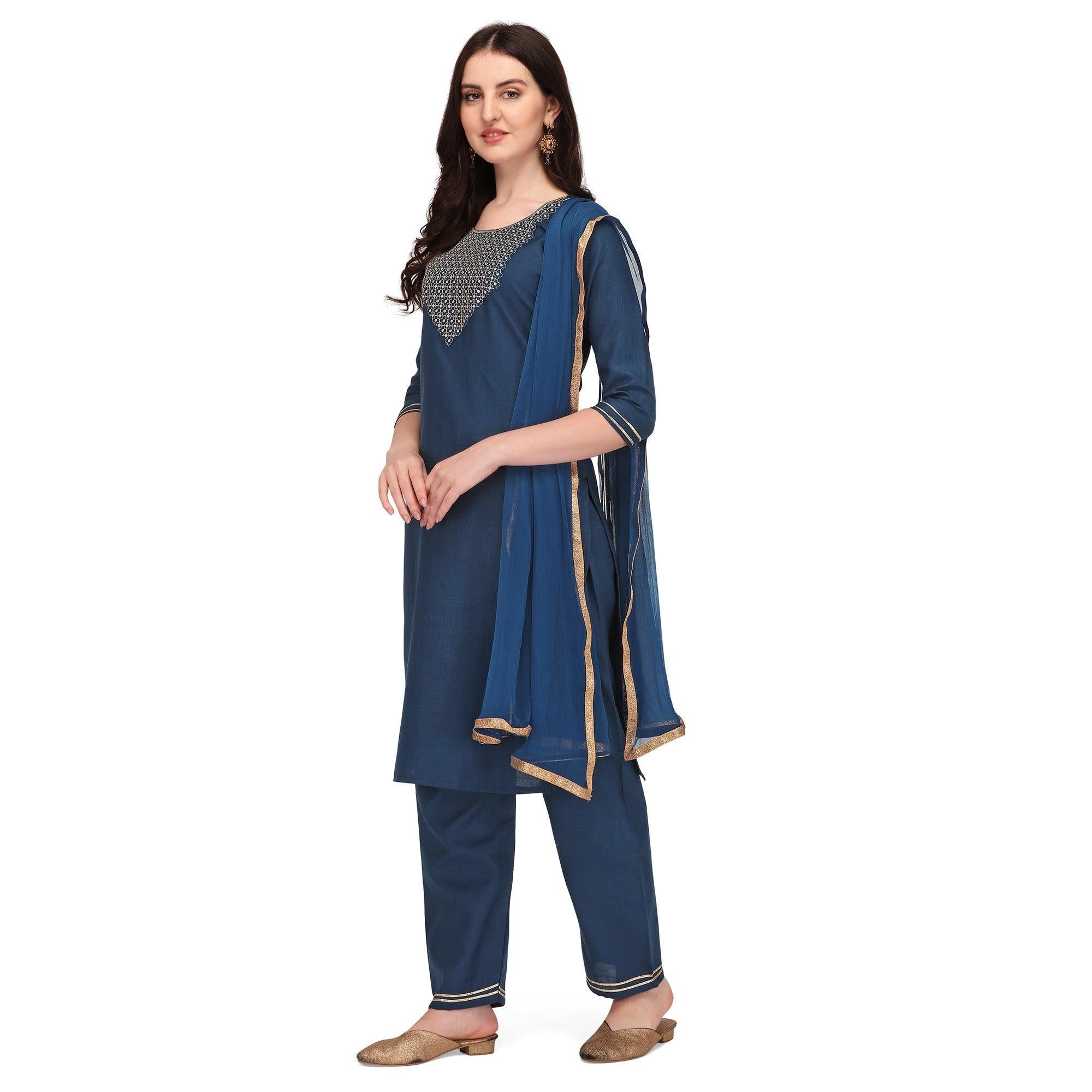 Blue Embroidered Poly Cotton Kurti Pant Set With Dupatta - Peachmode