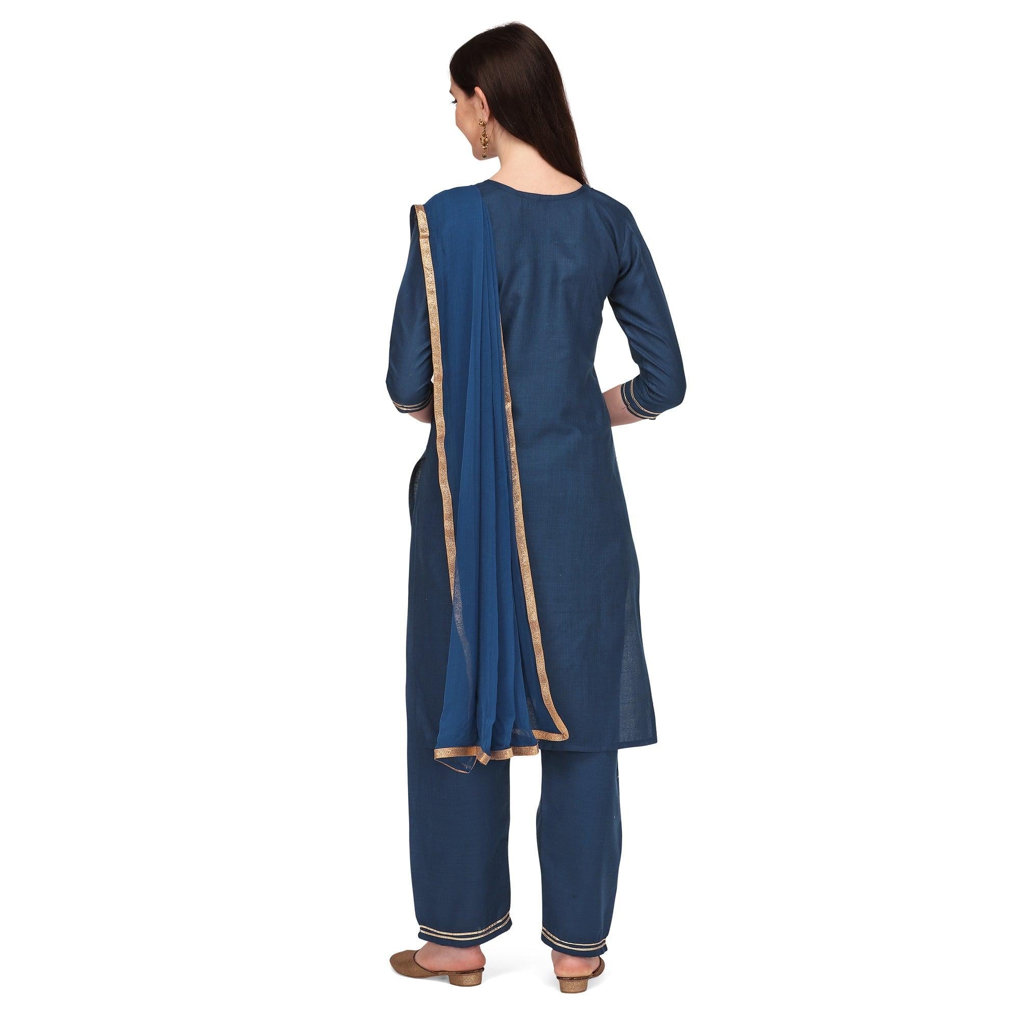 Blue Embroidered Poly Cotton Kurti Pant Set With Dupatta - Peachmode