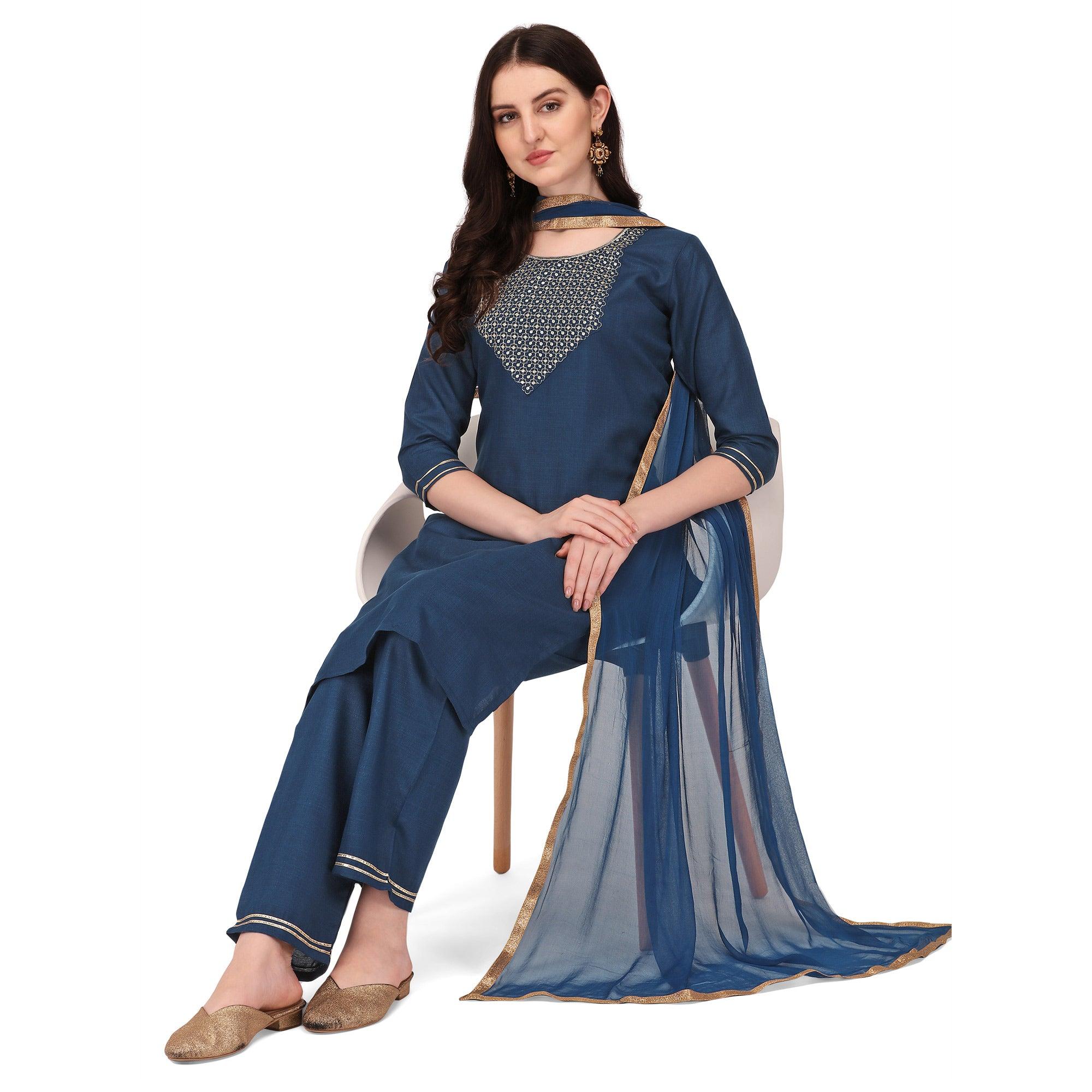 Blue Embroidered Poly Cotton Kurti Pant Set With Dupatta - Peachmode