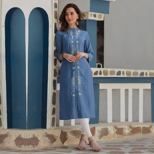 Blue Embroidered Poly Cotton Kurti - Peachmode