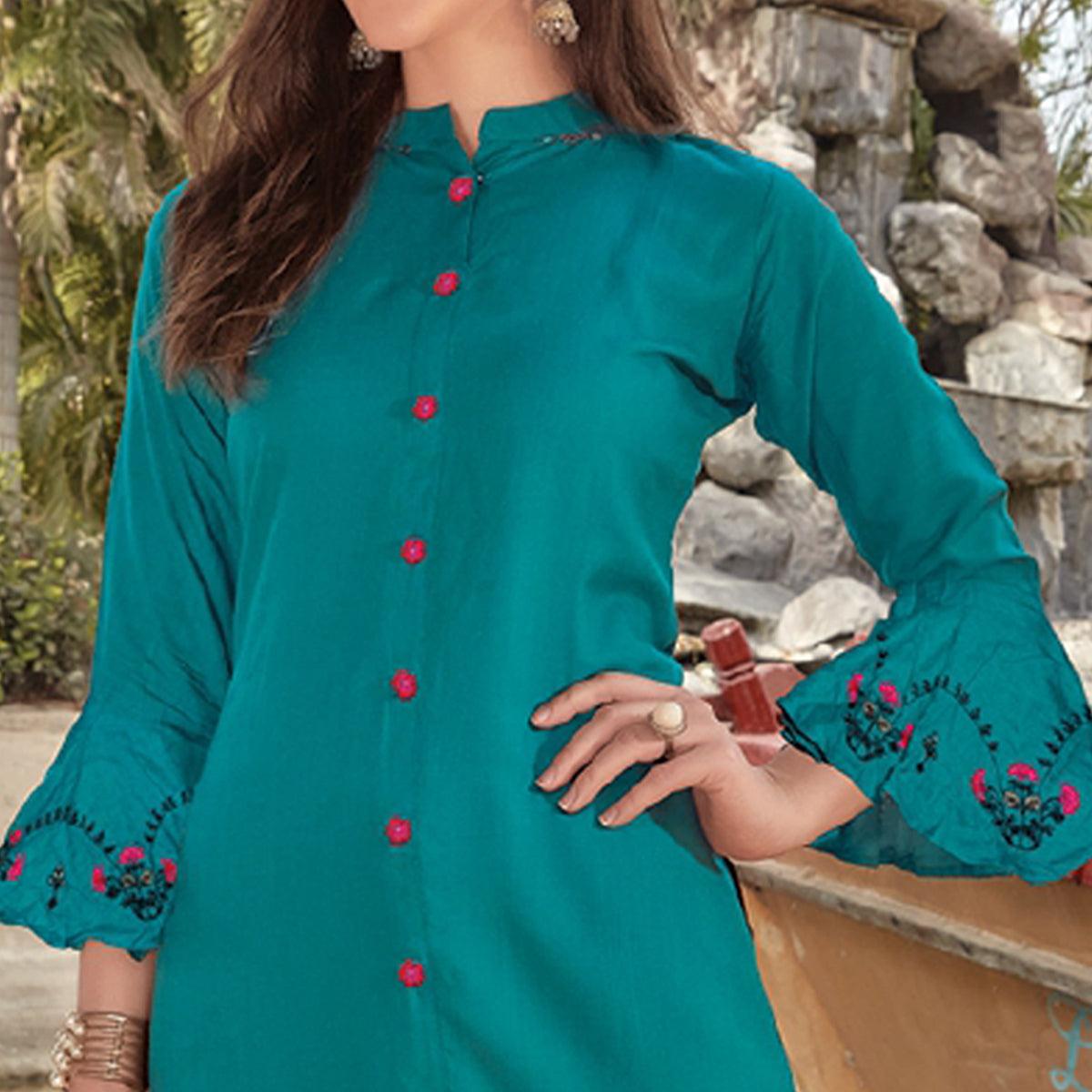 Blue Embroidered Poly Cotton Kurti - Peachmode