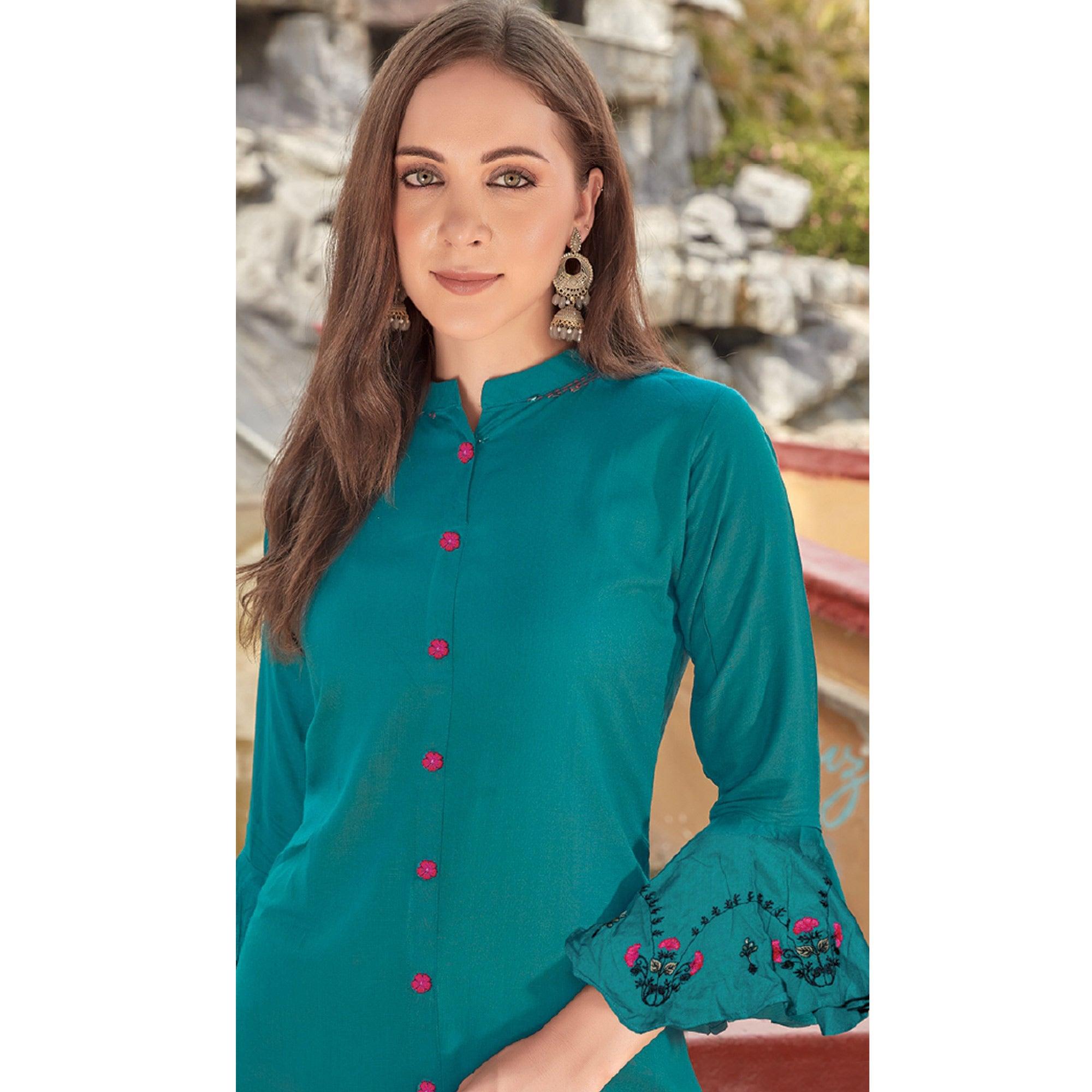 Blue Embroidered Poly Cotton Kurti - Peachmode