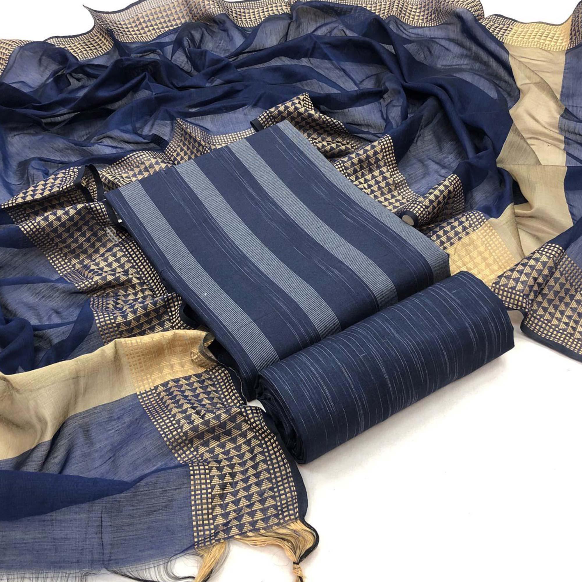 Blue Embroidered Pure Cotton Dress Material - Peachmode