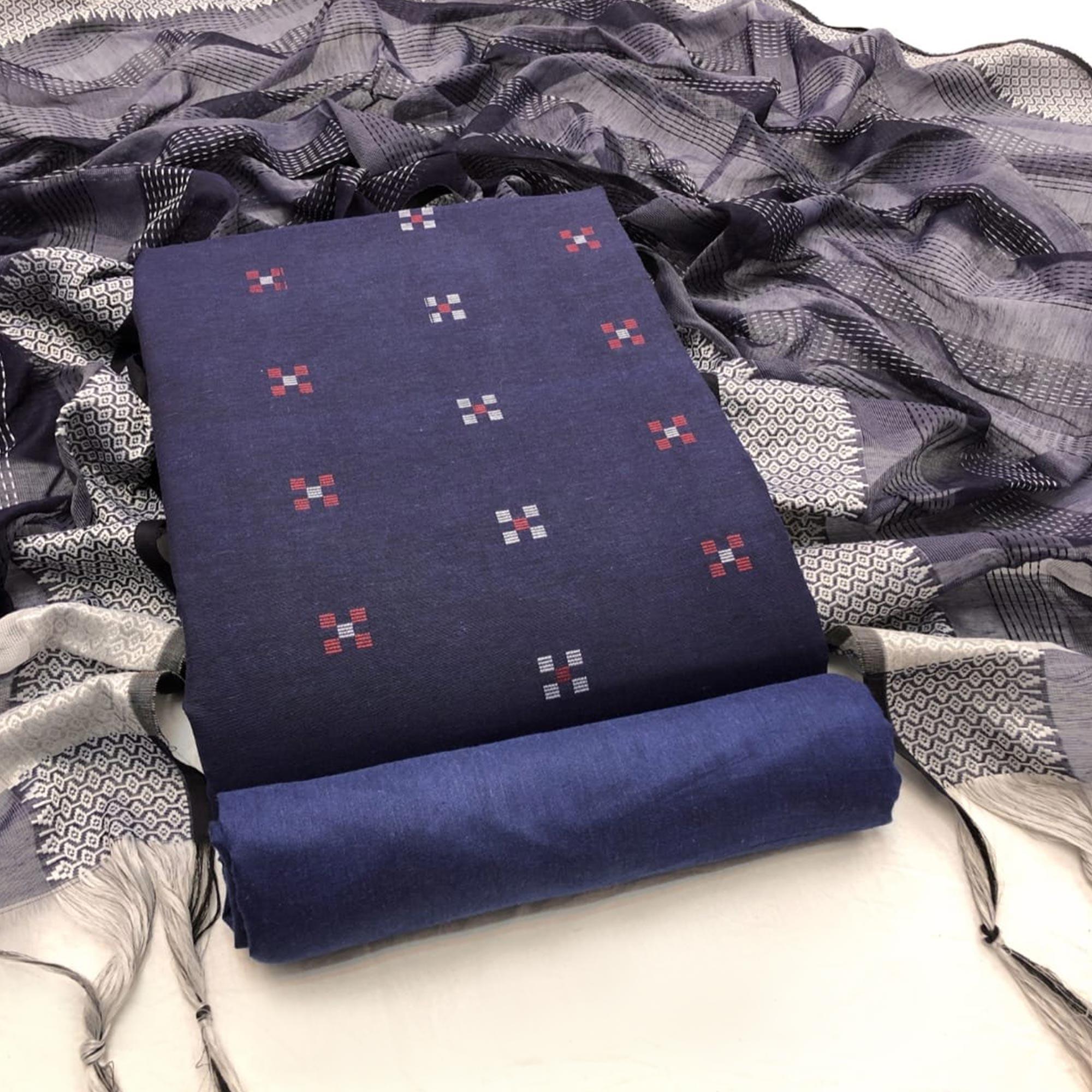 Blue Embroidered Pure Cotton Dress Material - Peachmode