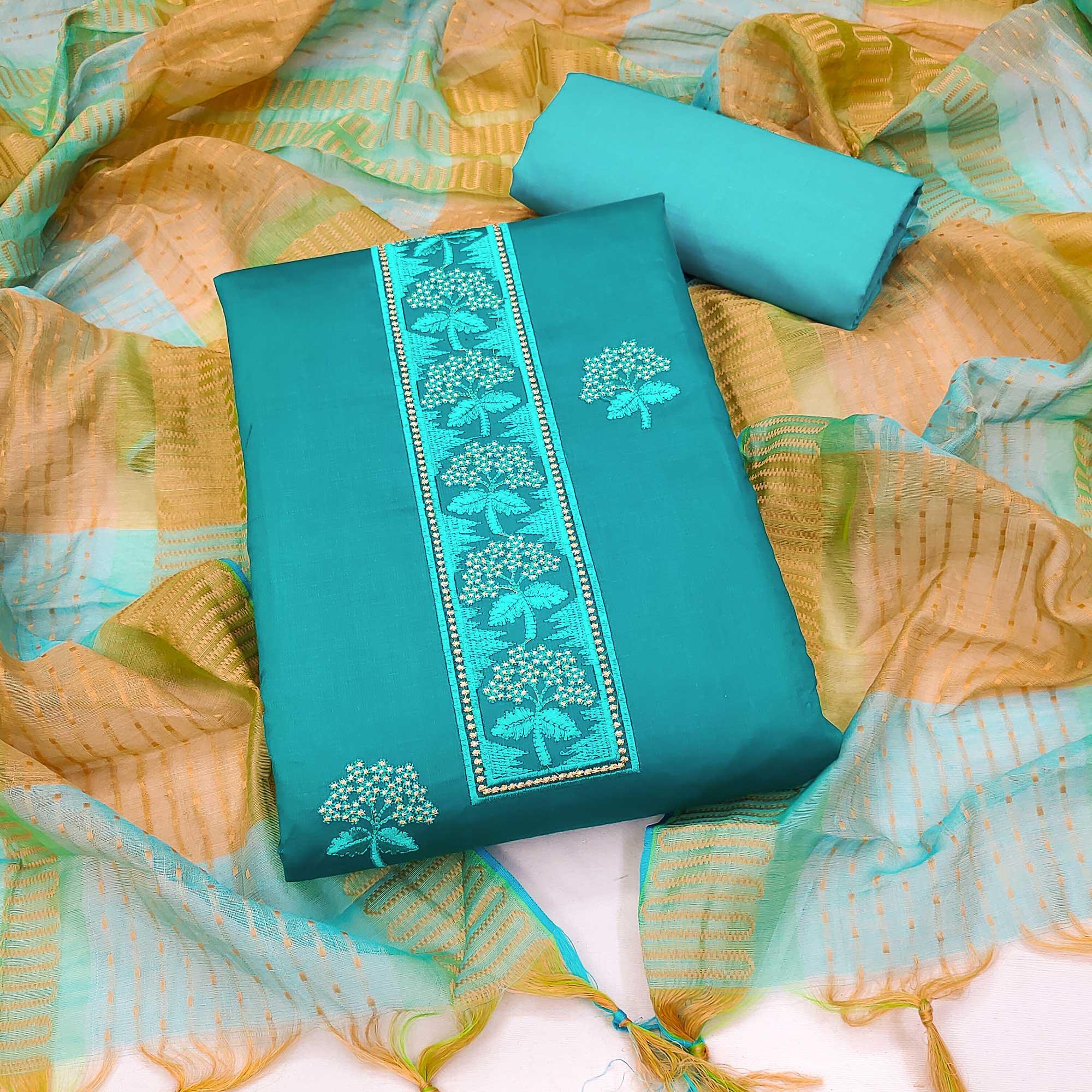 Blue Embroidered Pure Cotton Dress Material - Peachmode