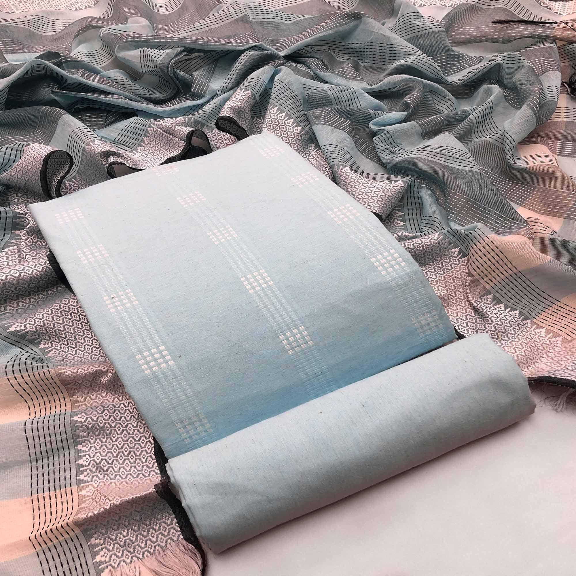 Blue Embroidered Pure Cotton Dress Material - Peachmode