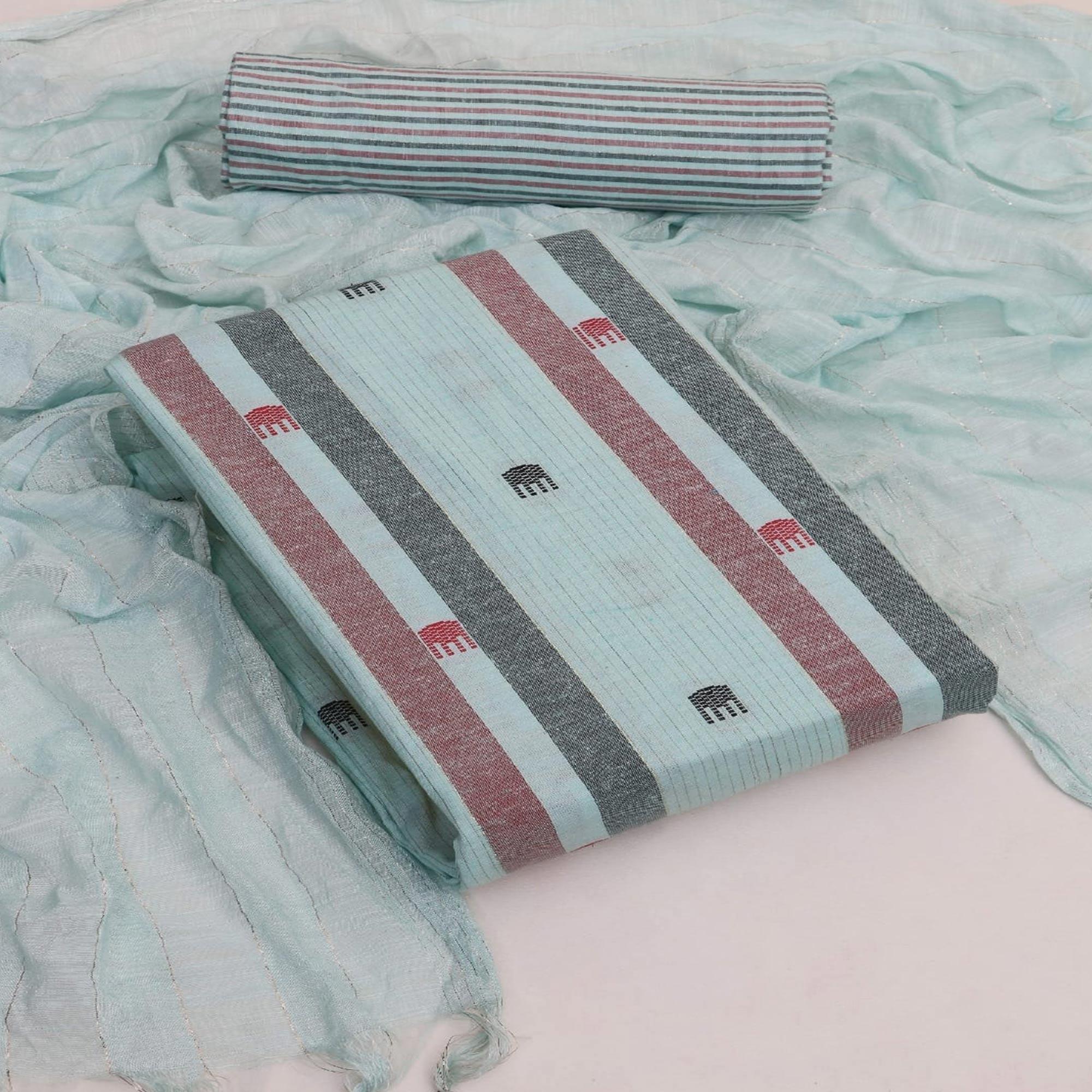 Blue Embroidered Pure Cotton Dress Material - Peachmode