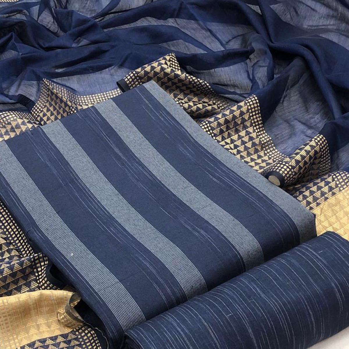 Blue Embroidered Pure Cotton Dress Material - Peachmode