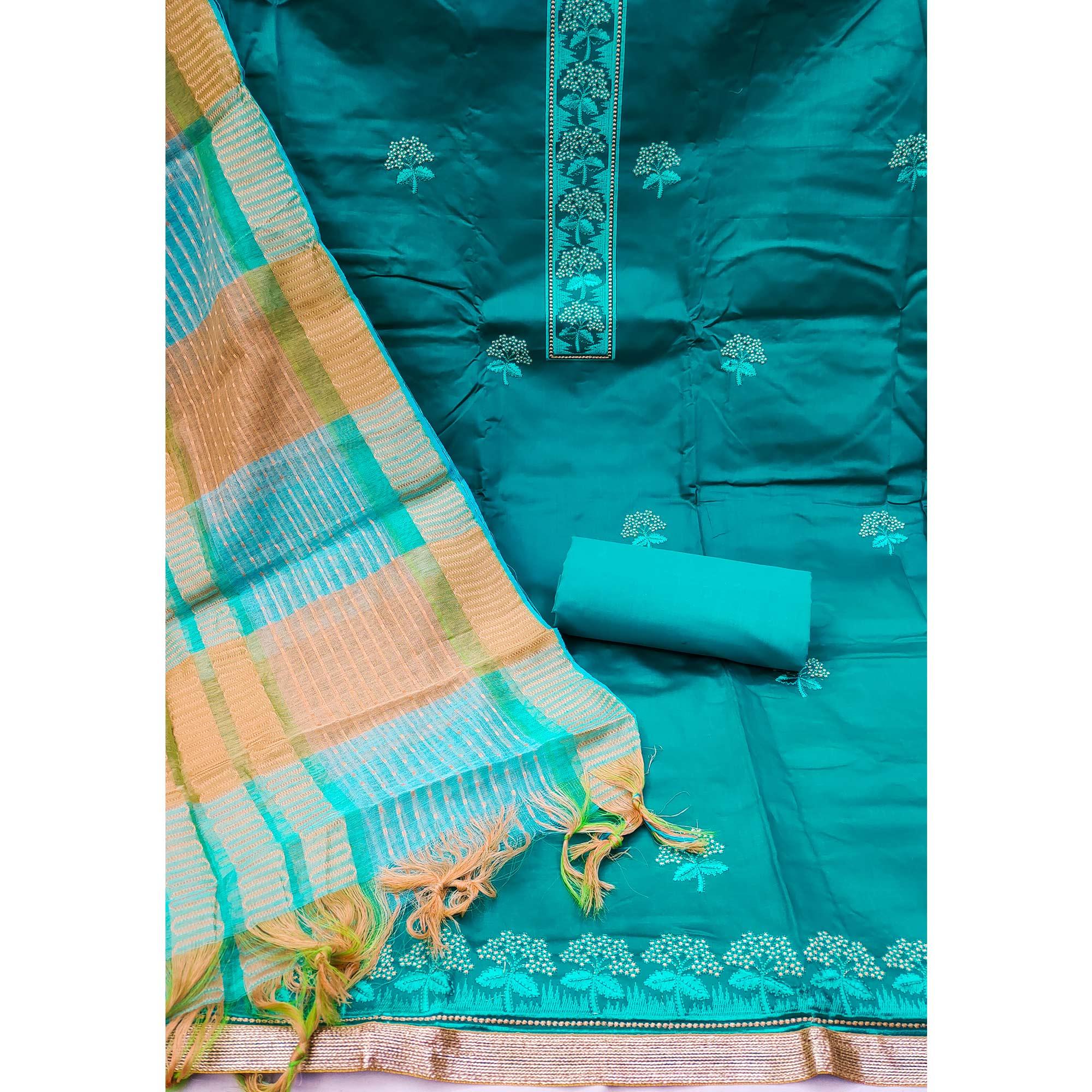 Blue Embroidered Pure Cotton Dress Material - Peachmode