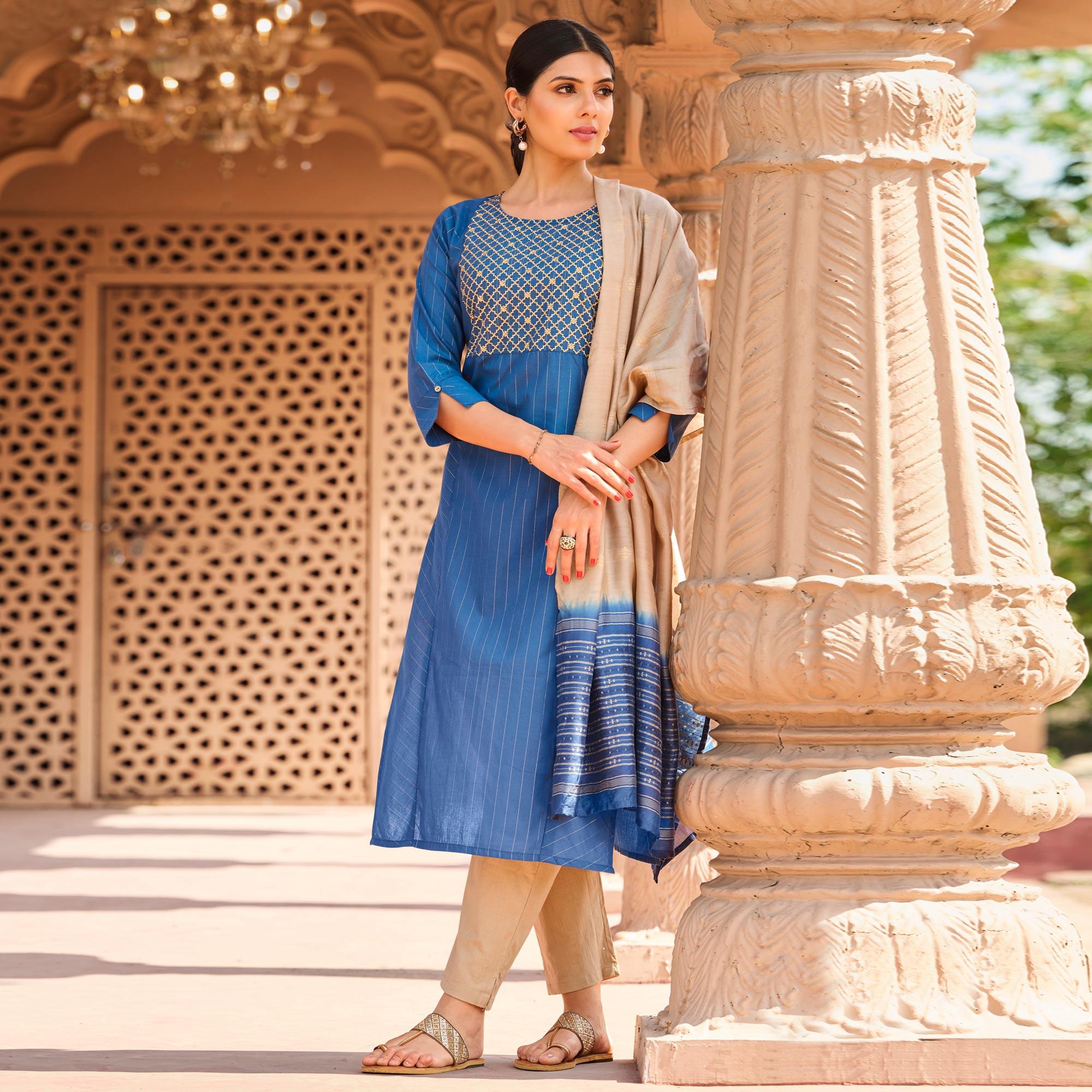 Blue Embroidered Pure Cotton Kurti Pant Set With Dupatta - Peachmode