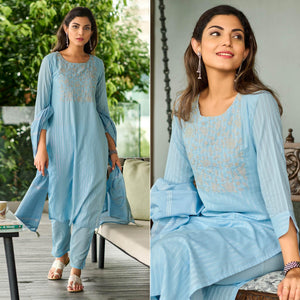 Blue Embroidered Pure Cotton Kurti Pant Set With Dupatta - Peachmode