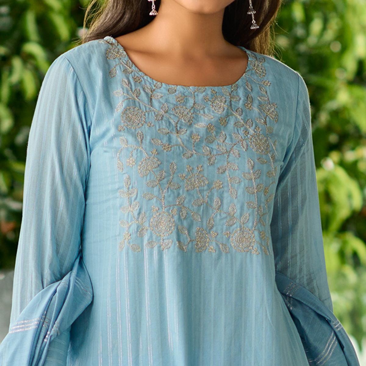 Blue Embroidered Pure Cotton Kurti Pant Set With Dupatta - Peachmode