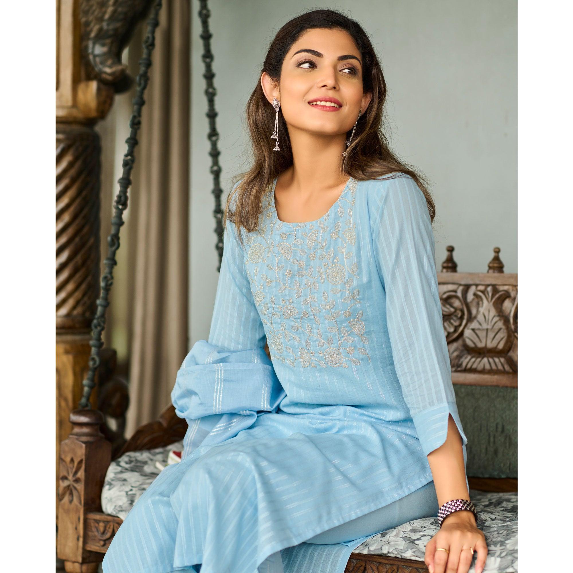 Blue Embroidered Pure Cotton Kurti Pant Set With Dupatta - Peachmode