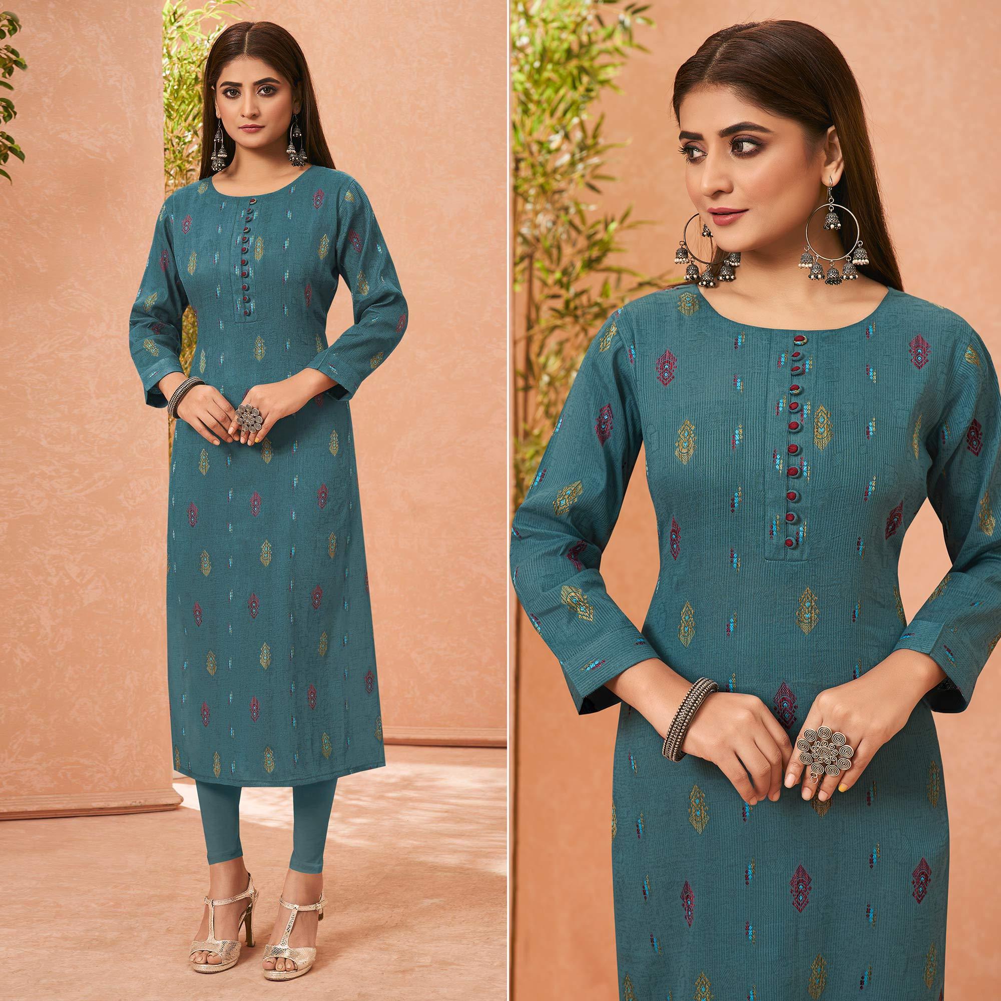 Blue Embroidered Pure Cotton Kurti - Peachmode