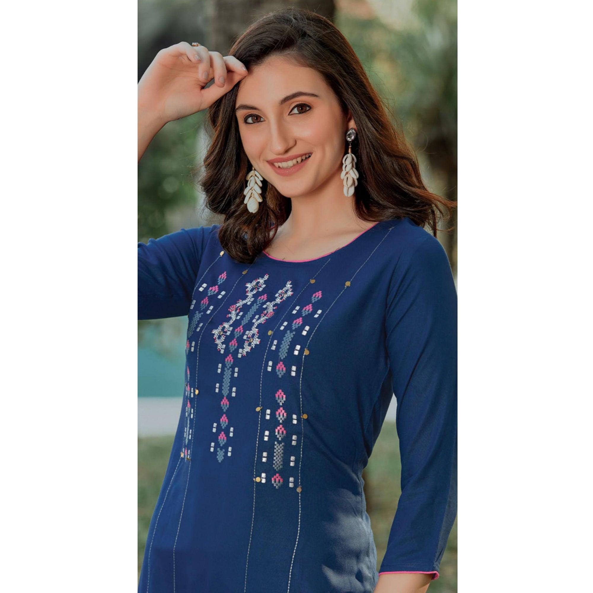 Blue Embroidered Pure Cotton Kurti - Peachmode