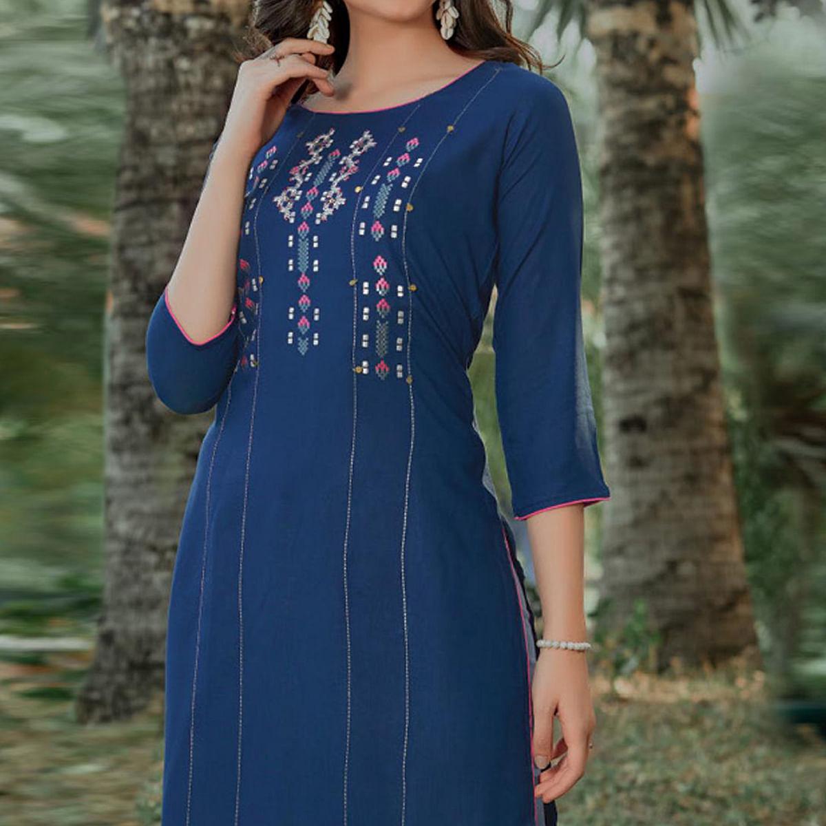 Blue Embroidered Pure Cotton Kurti - Peachmode